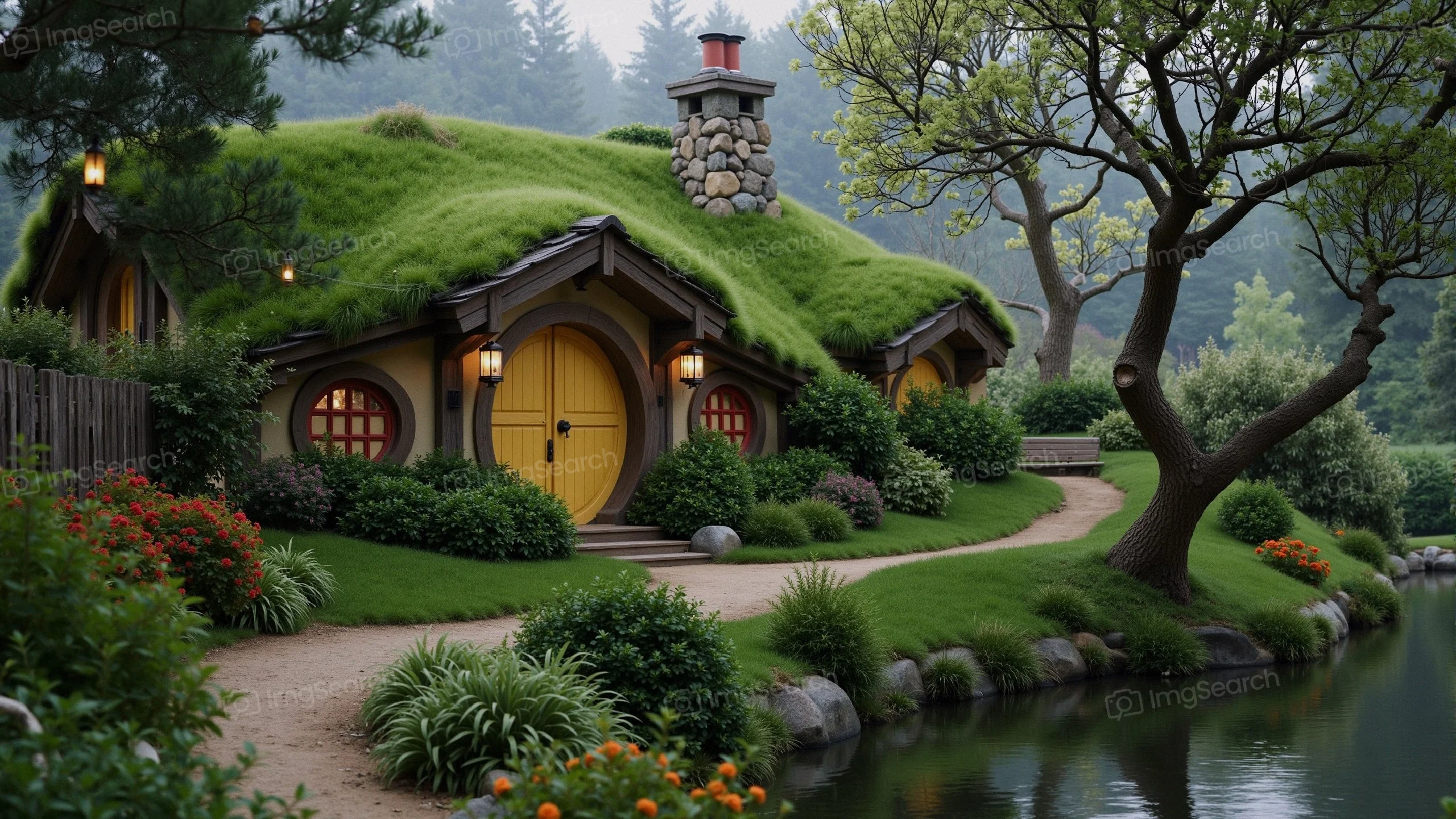 A cottage with a moss-covered roof yellow door surrounded by lush gardens a pond.