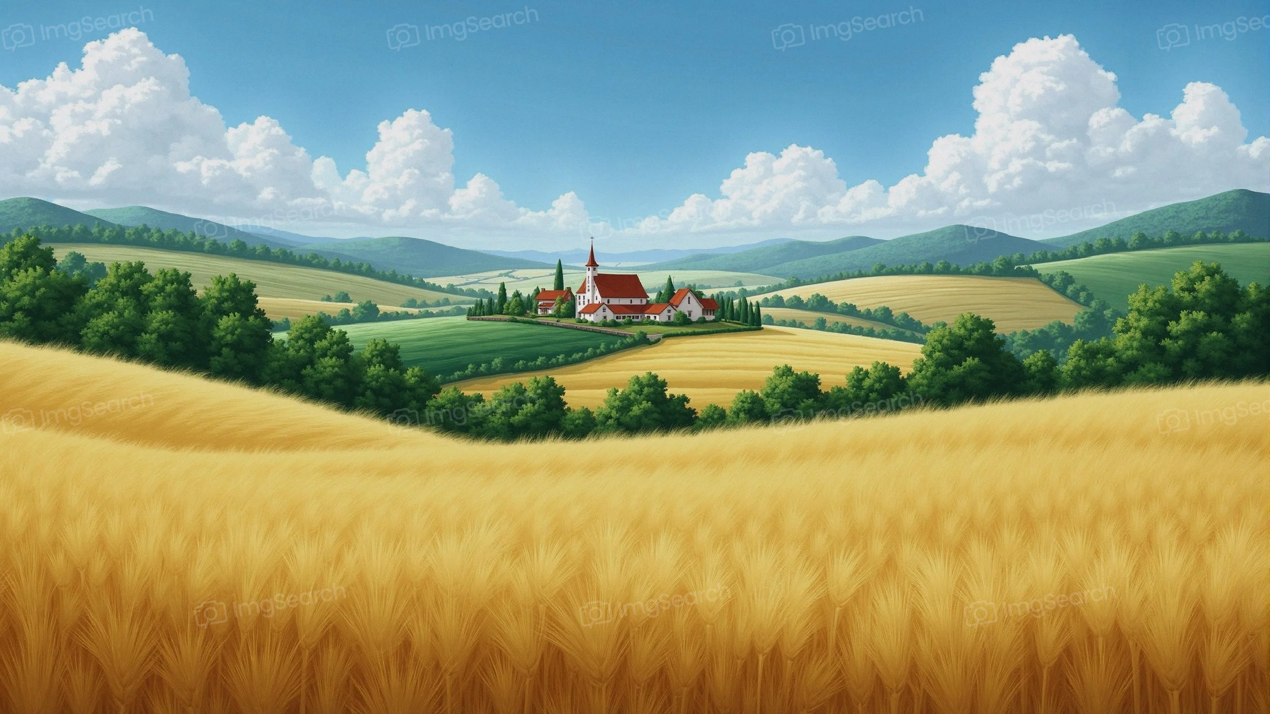 A peaceful rural landscape featuring golden wheat fields, a small village, rolling green hills under a blue sky with fluffy clouds.