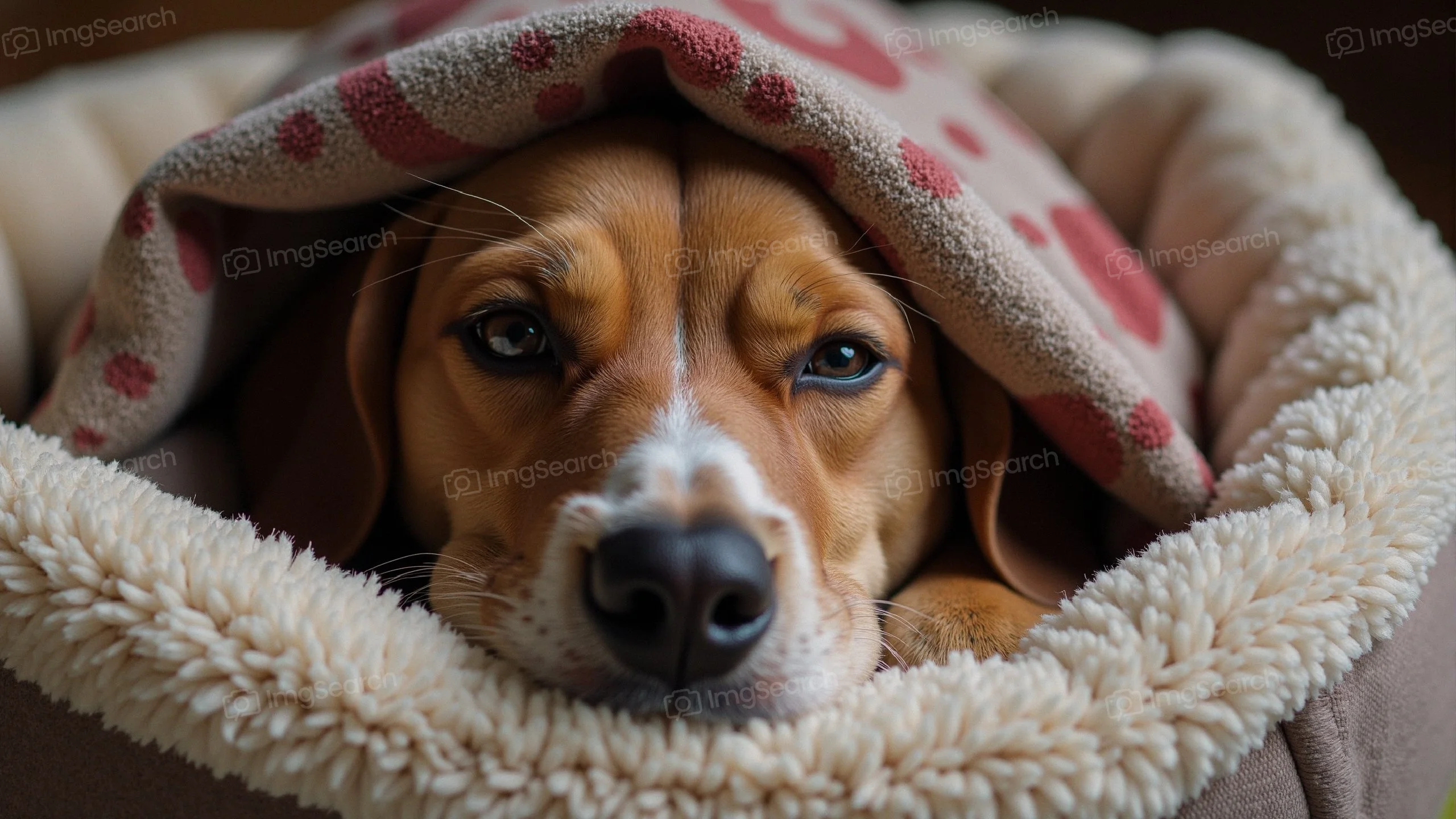 A beagle puppy resting in its bed, covered with a blanket.