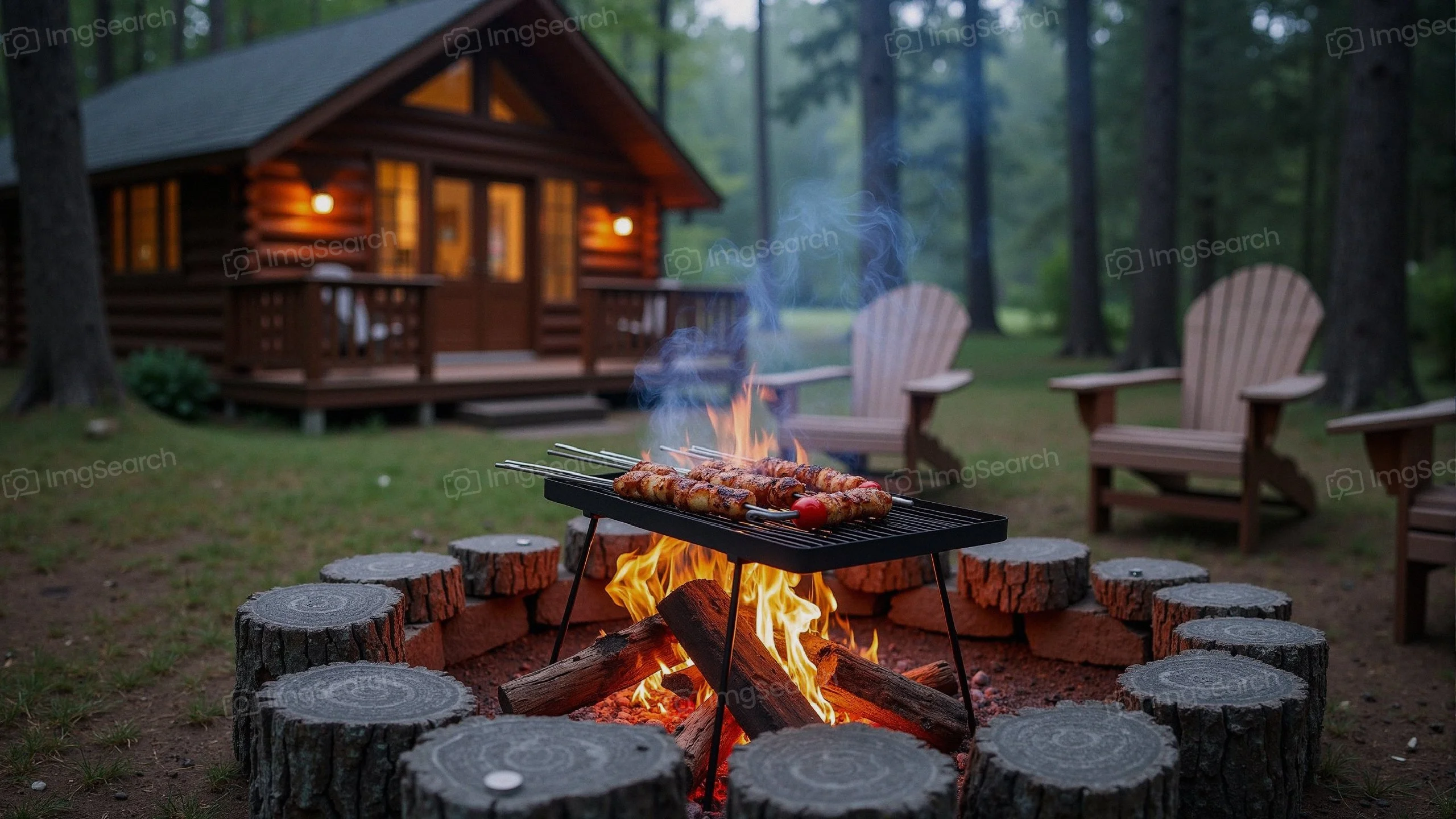 A barbecue grill with skewers over a campfire in front of a rustic cabin in the woods.