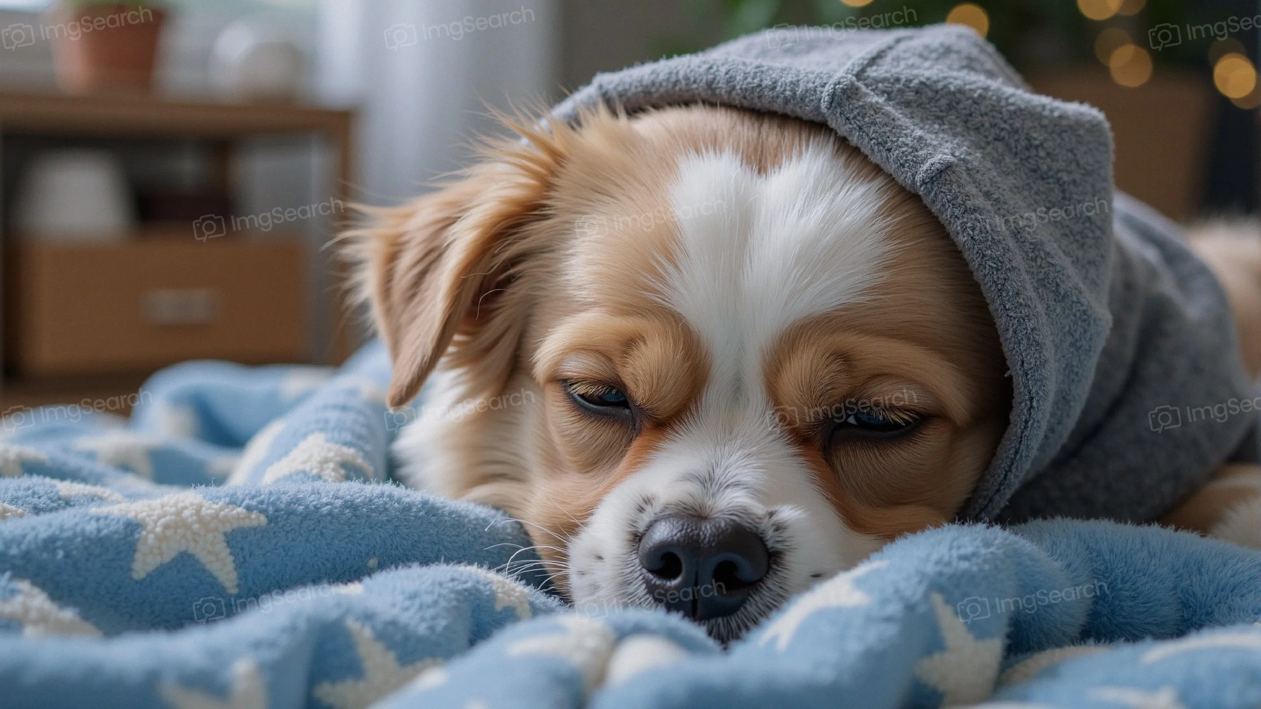 A relaxed dog wearing a gray hoodie lying on a blue star-patterned blanket.