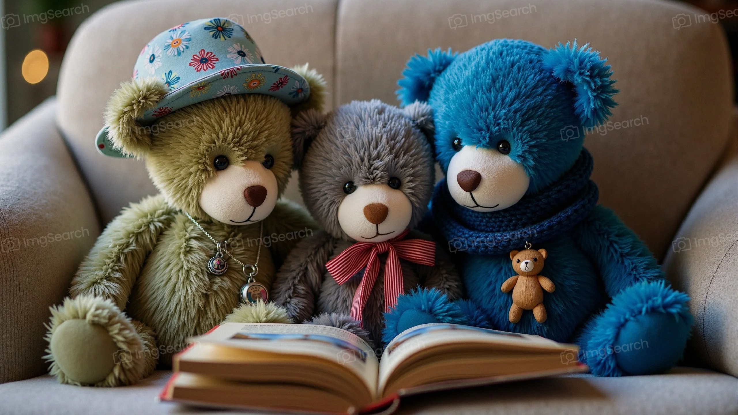 Three colorful teddy bears gathered on an armchair, reading a storybook together.