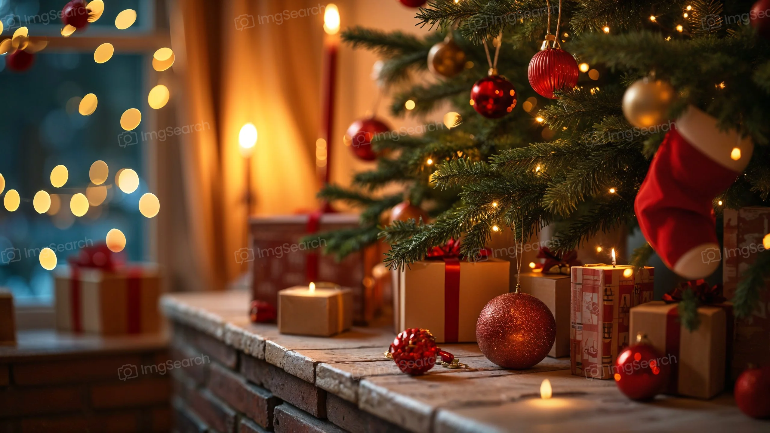 Decorated Christmas tree with ornaments and presents in a cozy setting