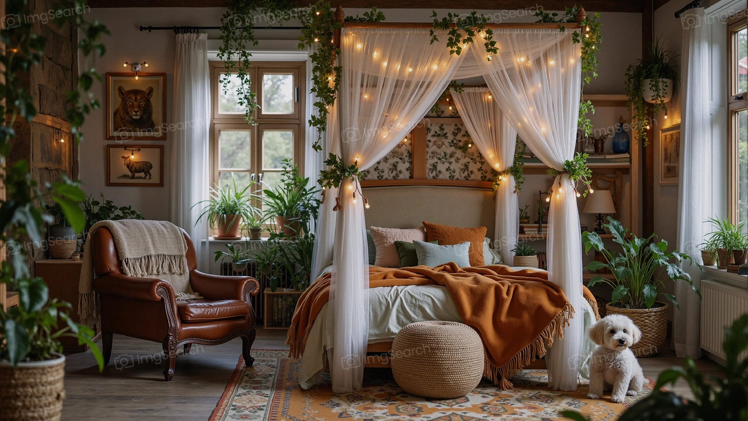 A cozy bedroom with plants, a fluffy dog, soft lighting.