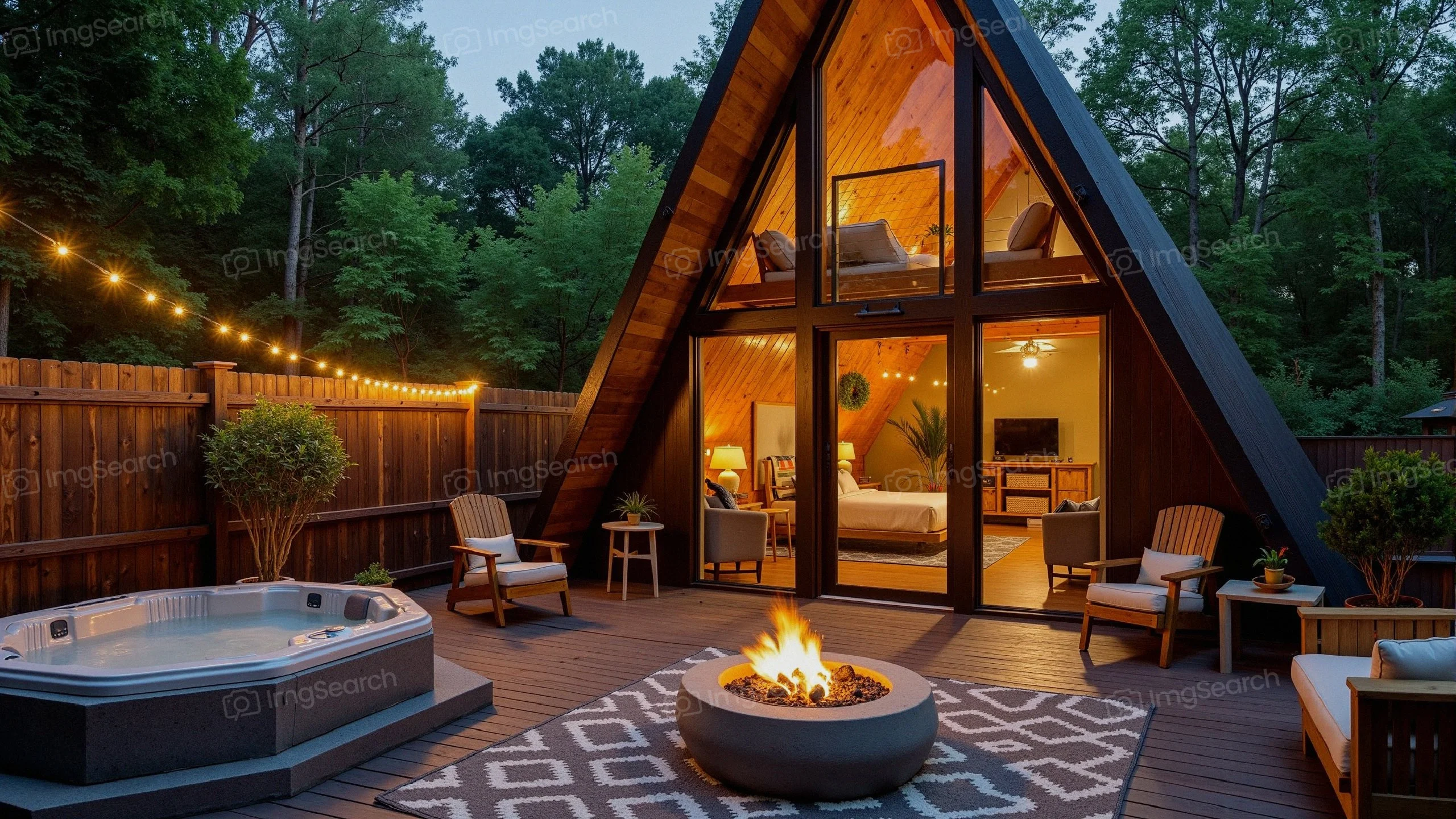 Cozy A-frame cabin with a hot tub fire pit in a forest setting