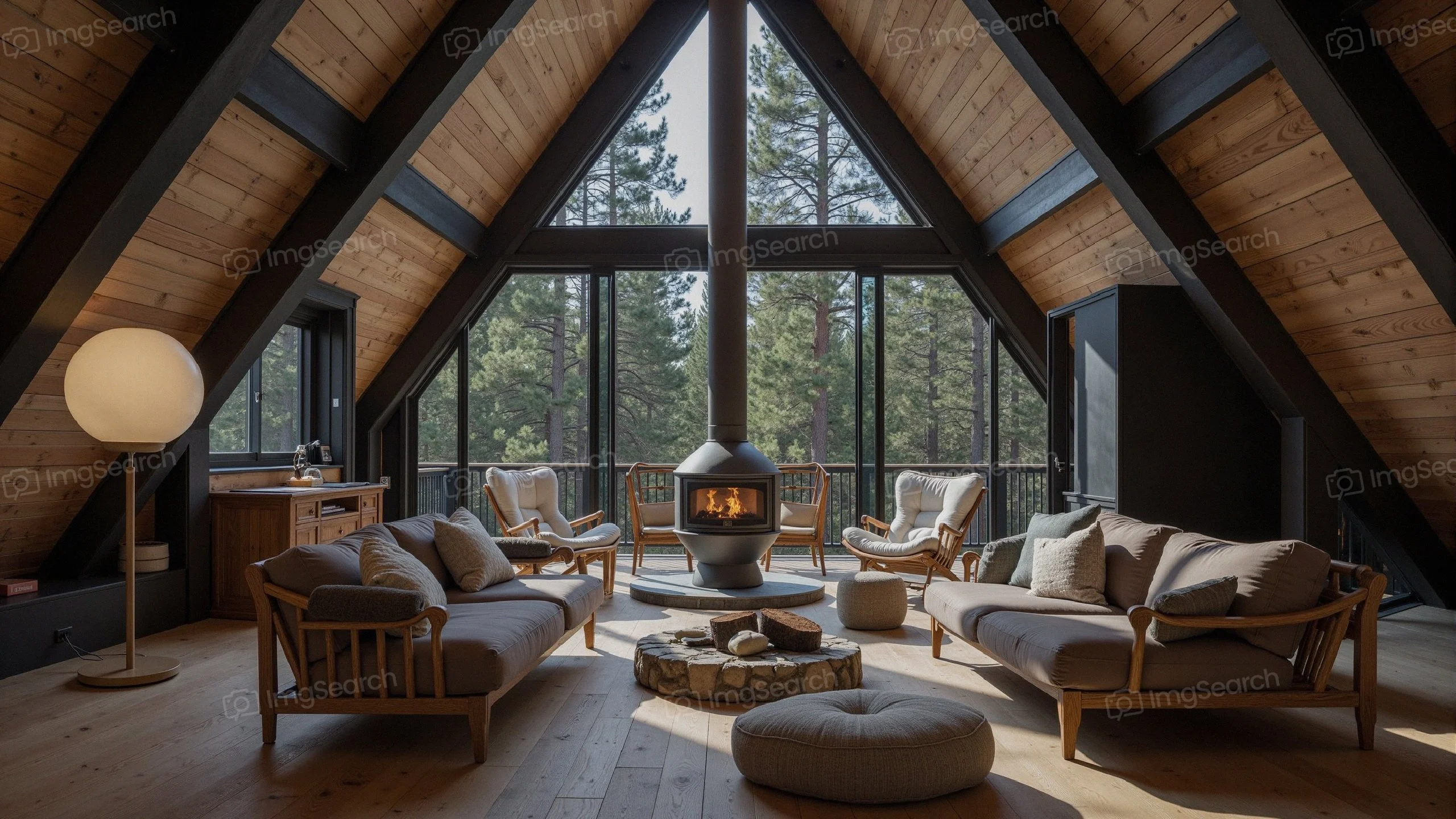 A modern cabin living room with high ceilings, large windows, a central fire pit, comfortable seating.