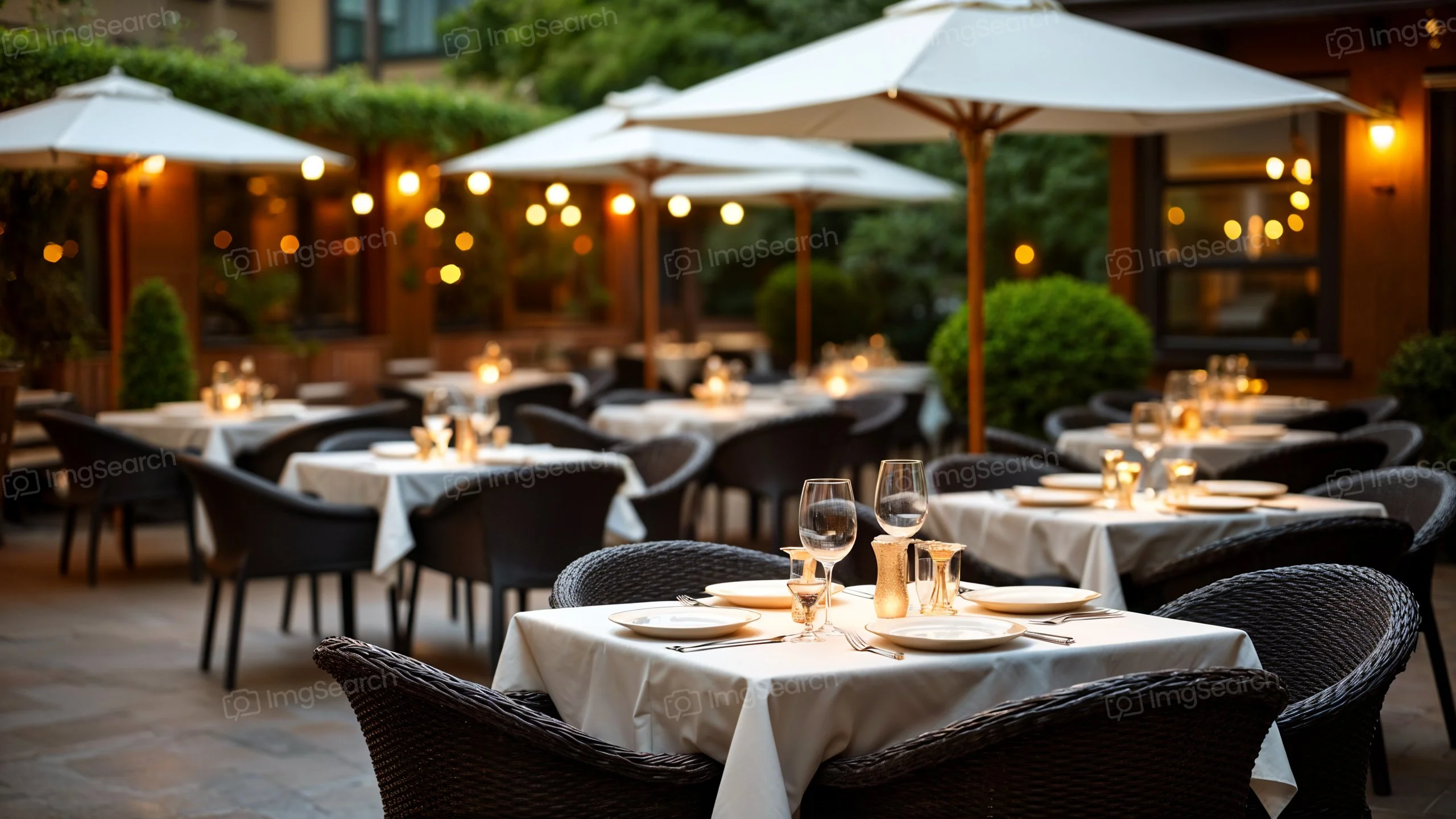 Elegant outdoor dining setup with tables, chairs, and umbrellas illuminated by soft lights.