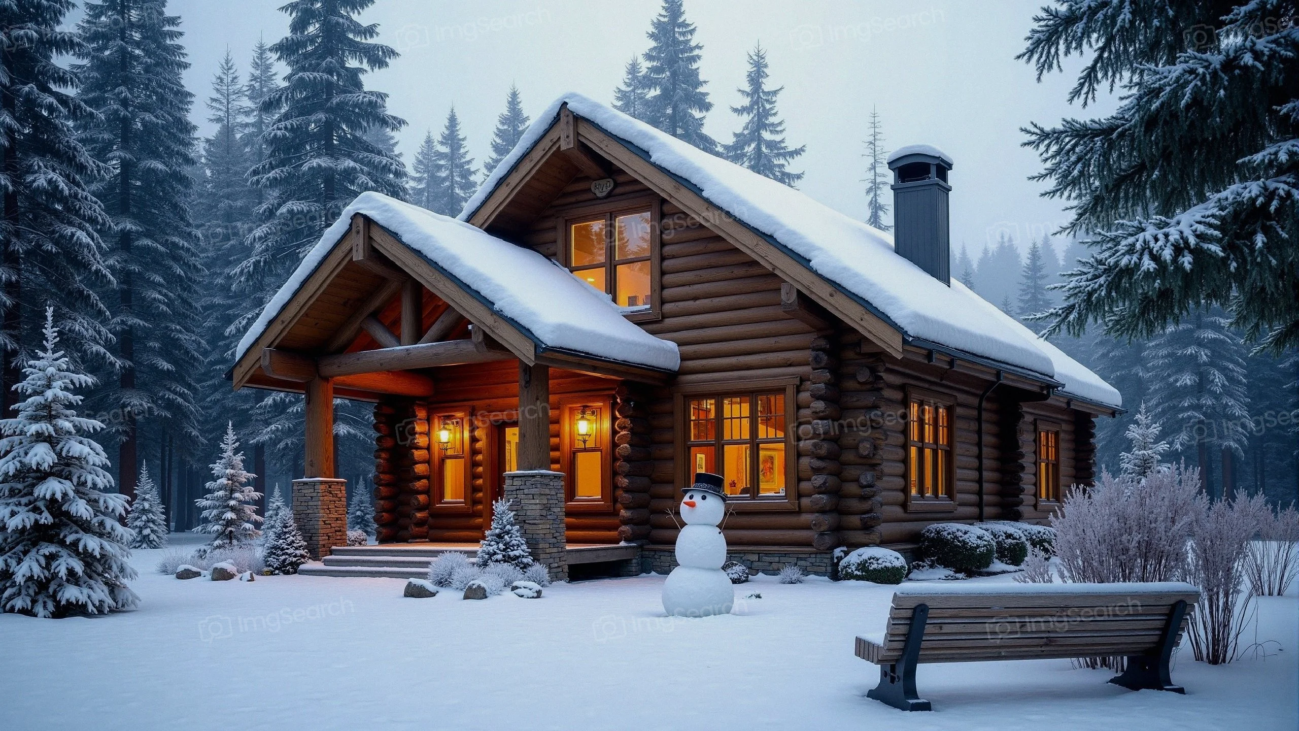 A cozy log cabin surrounded by snow-covered pine trees with a snowman in the front yard.