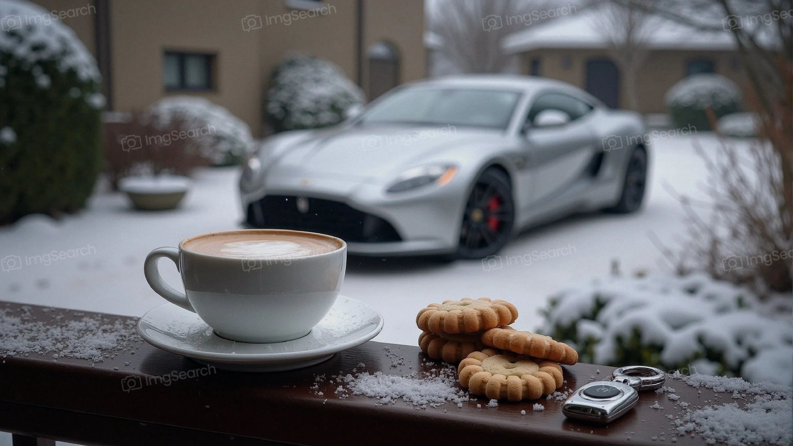 A cup of coffee with cookies on a snowy balcony, featuring a luxury sports car in the background.
