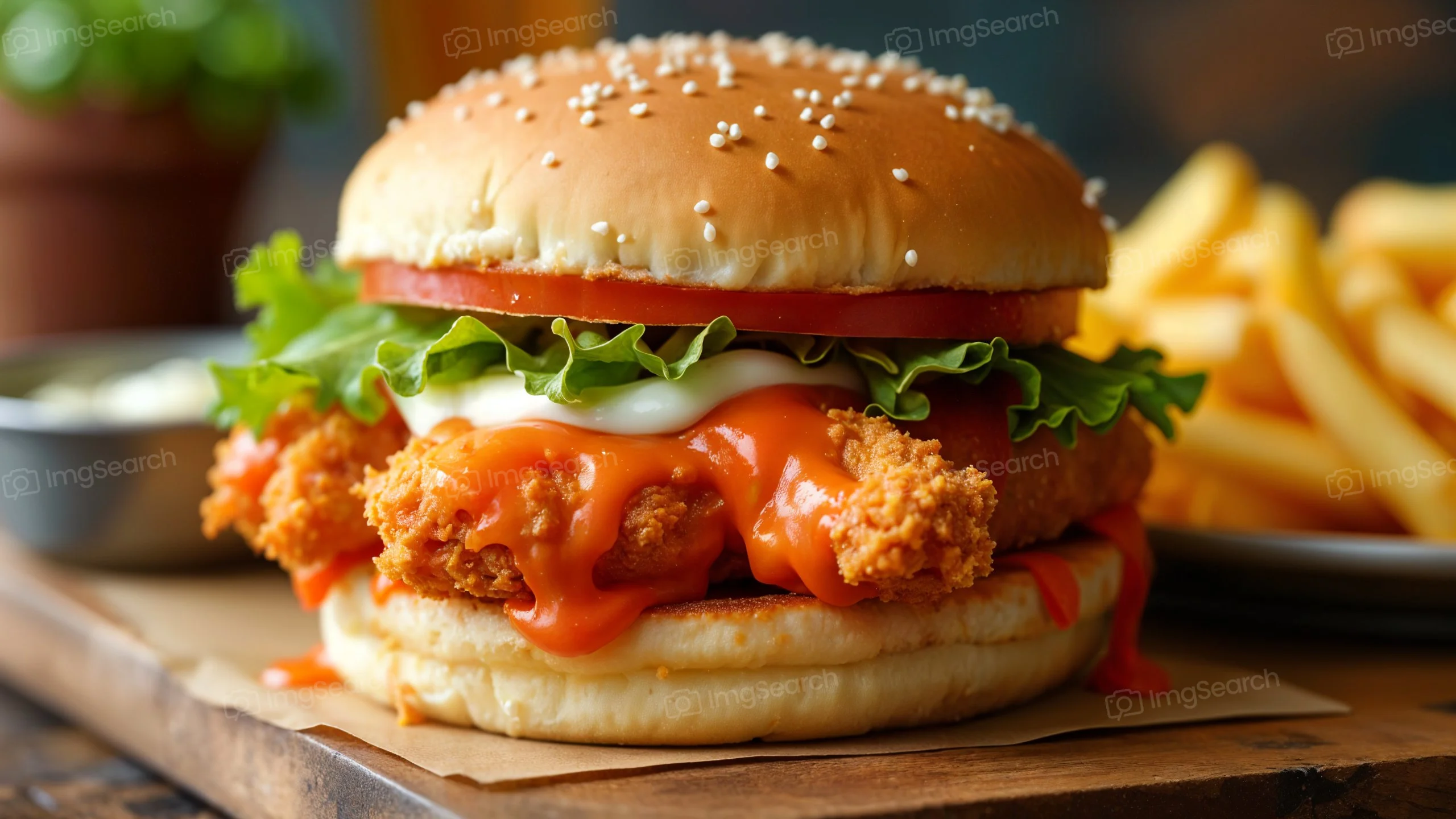 Crispy chicken burger with lettuce, tomato, and sauce served with fries