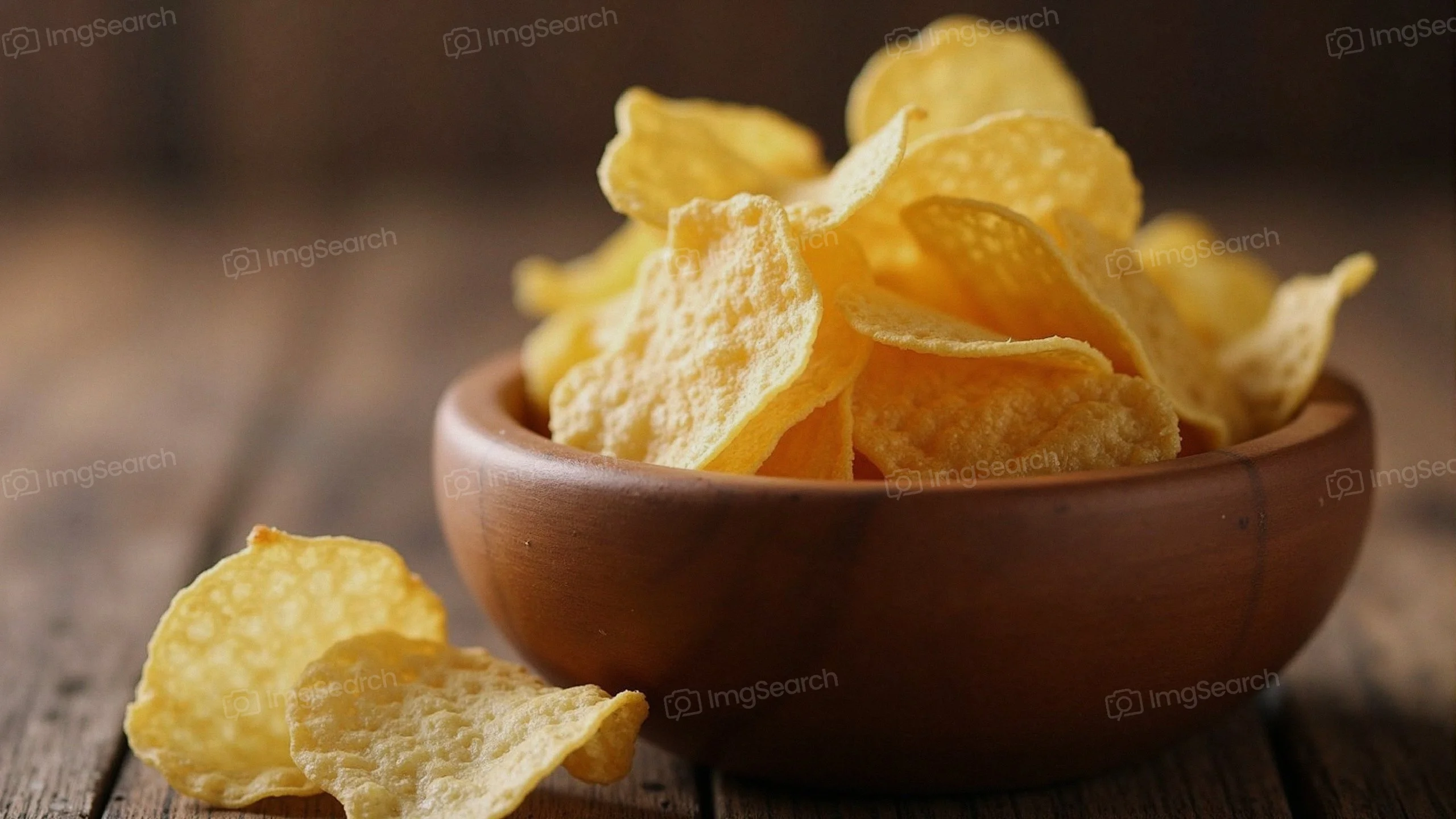A wooden bowl filled with crispy potato chips, with some chips scattered around.