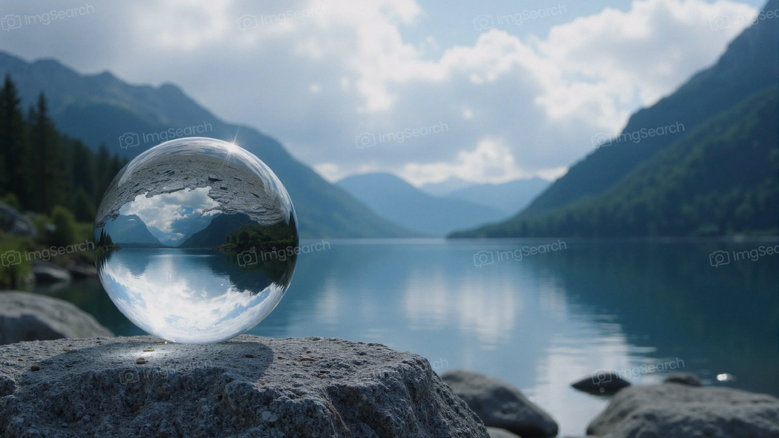 A crystal sphere on a rock with a reflection of a scenic lake mountains in the background.