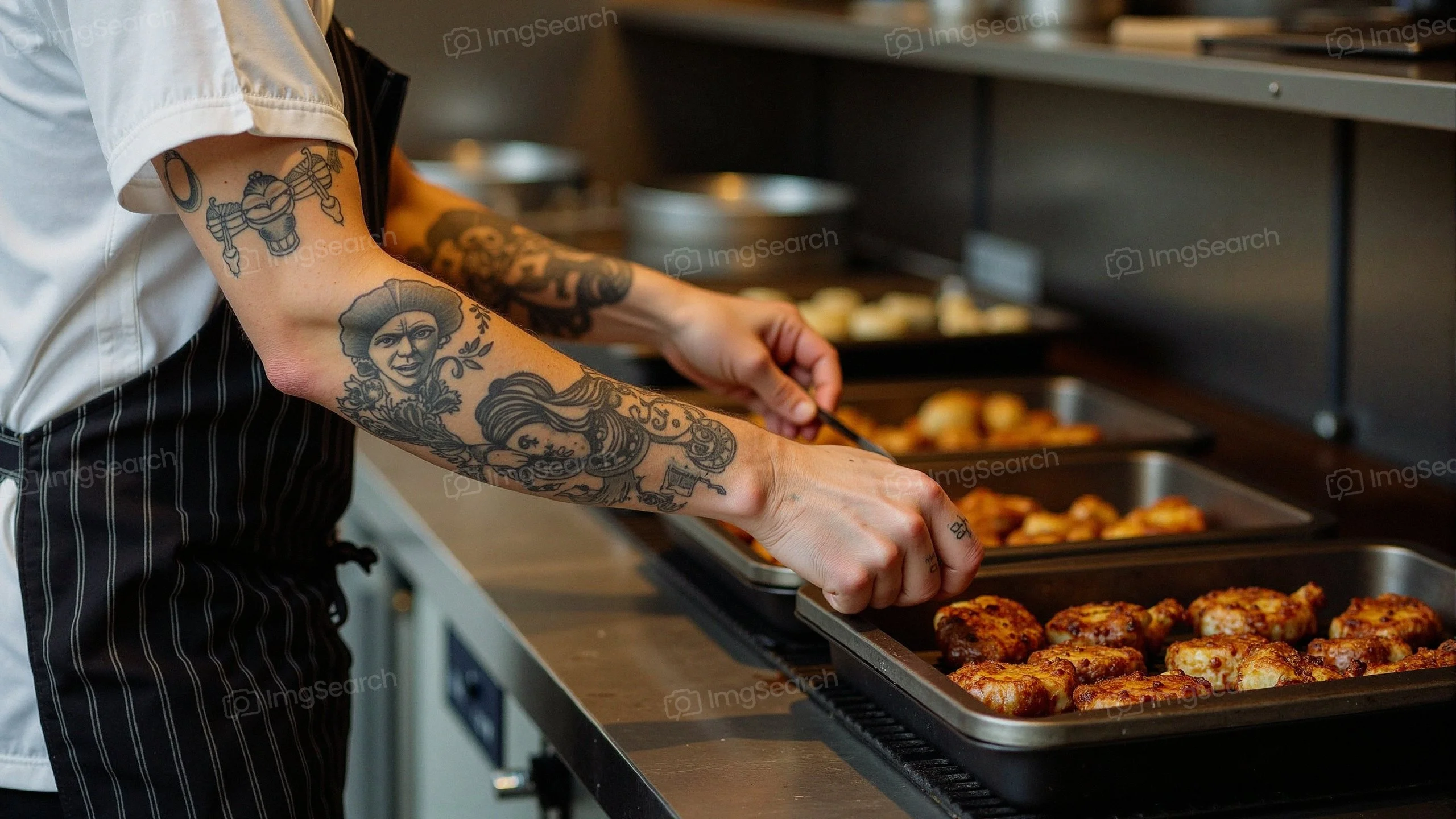 Chef with tattoos serving roasted dishes in a professional kitchen