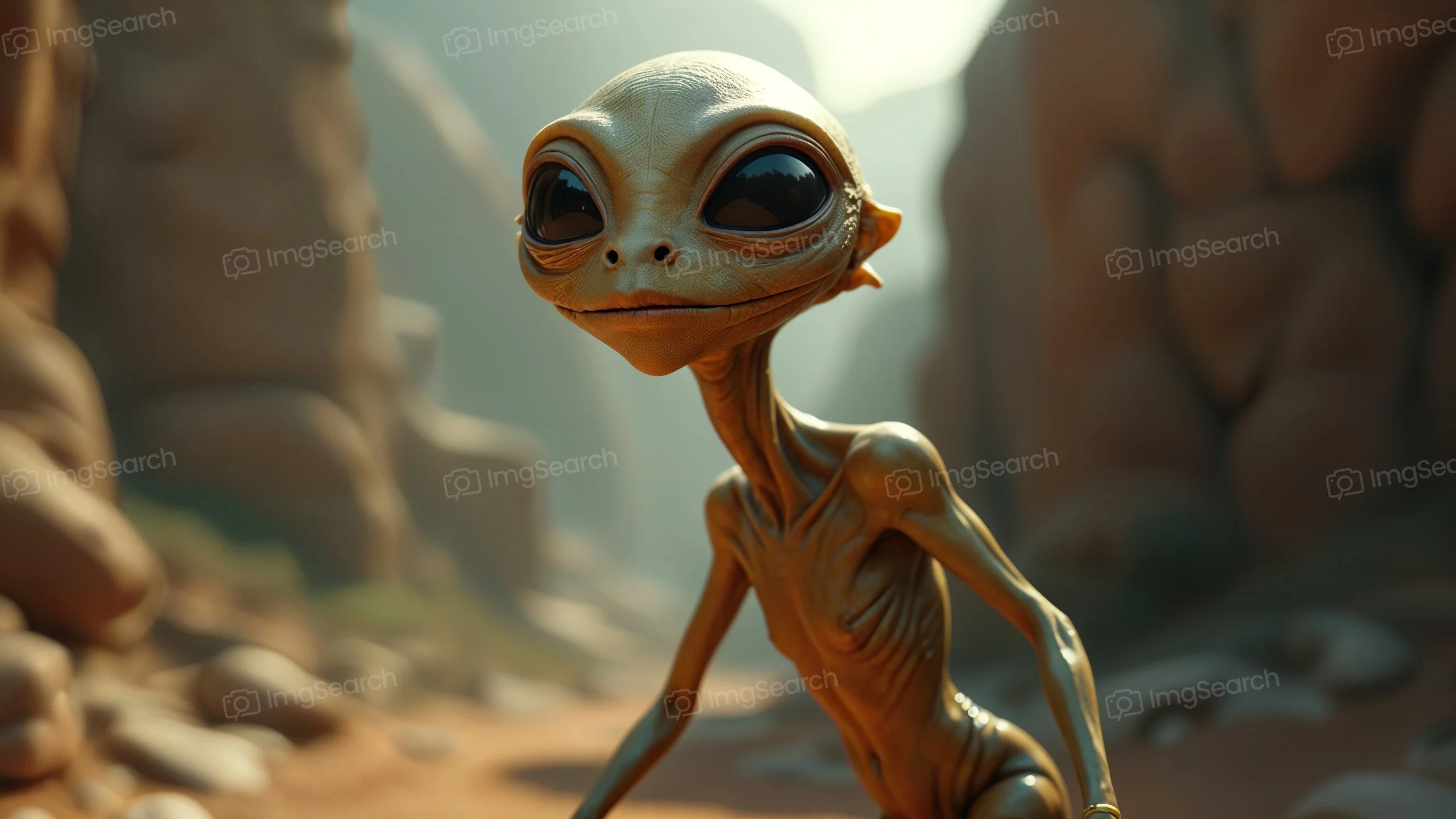 A small, curious alien with large eyes stands in a desert canyon.