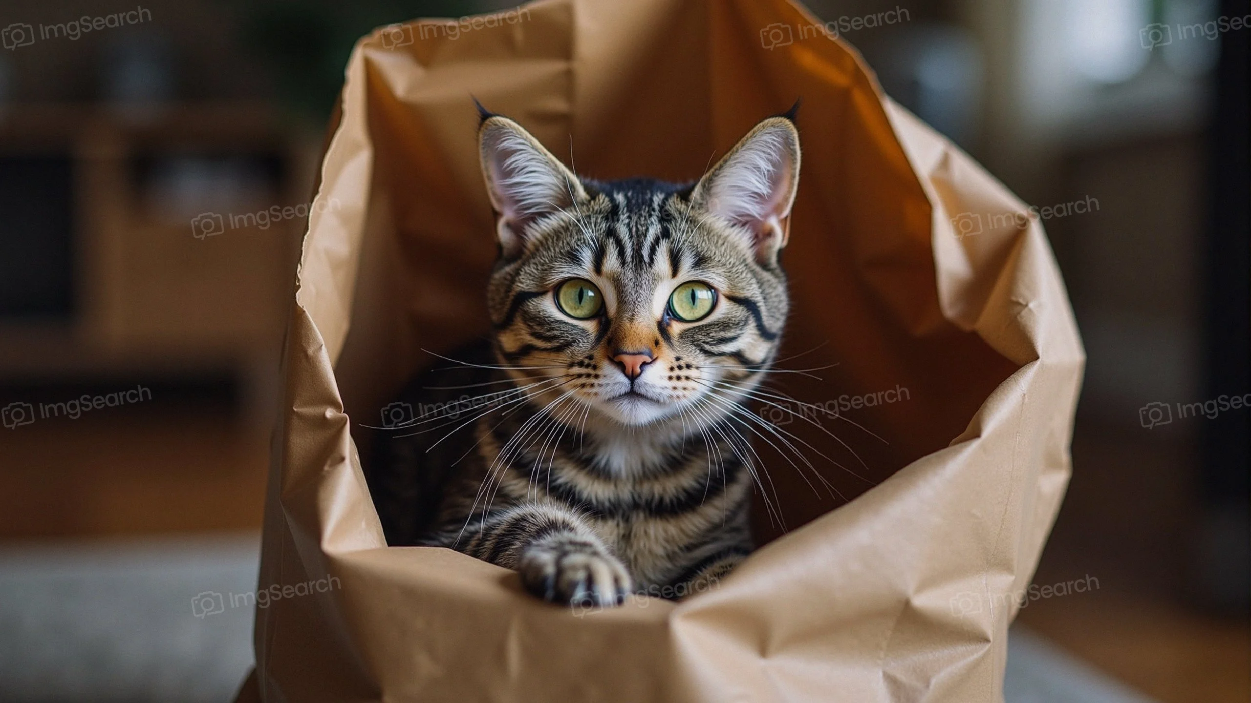 A striped tabby cat with green eyes inside a crumpled paper bag.
