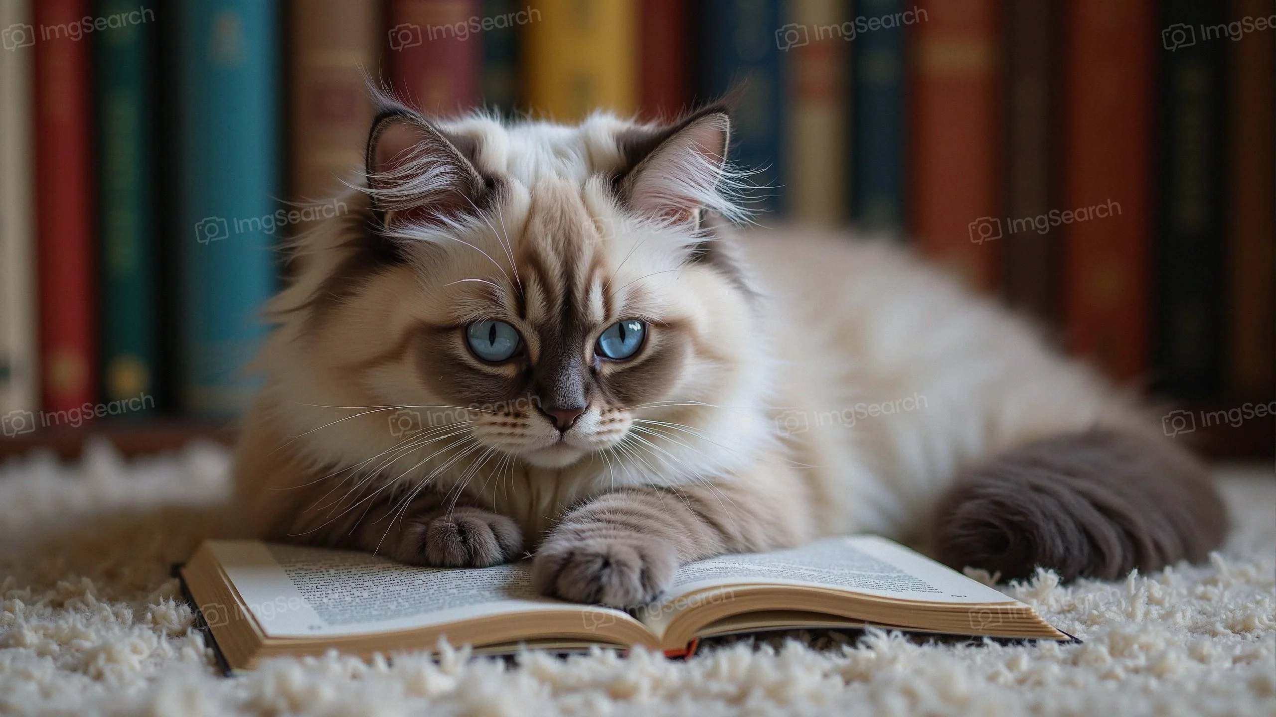 A fluffy cat with blue eyes lying on an open book