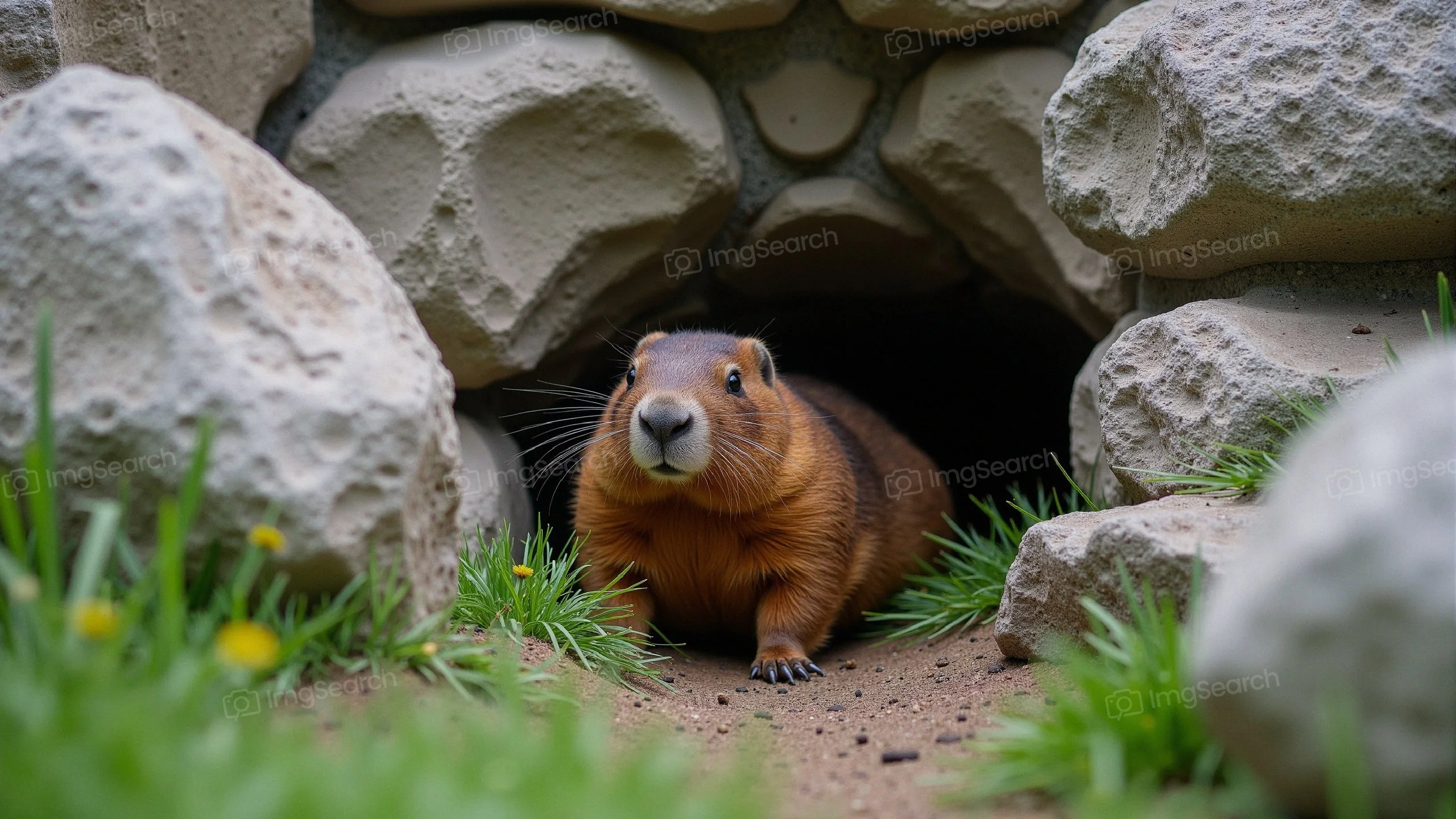 A small furry animal peeking out from a rocky den surrounded by grass.