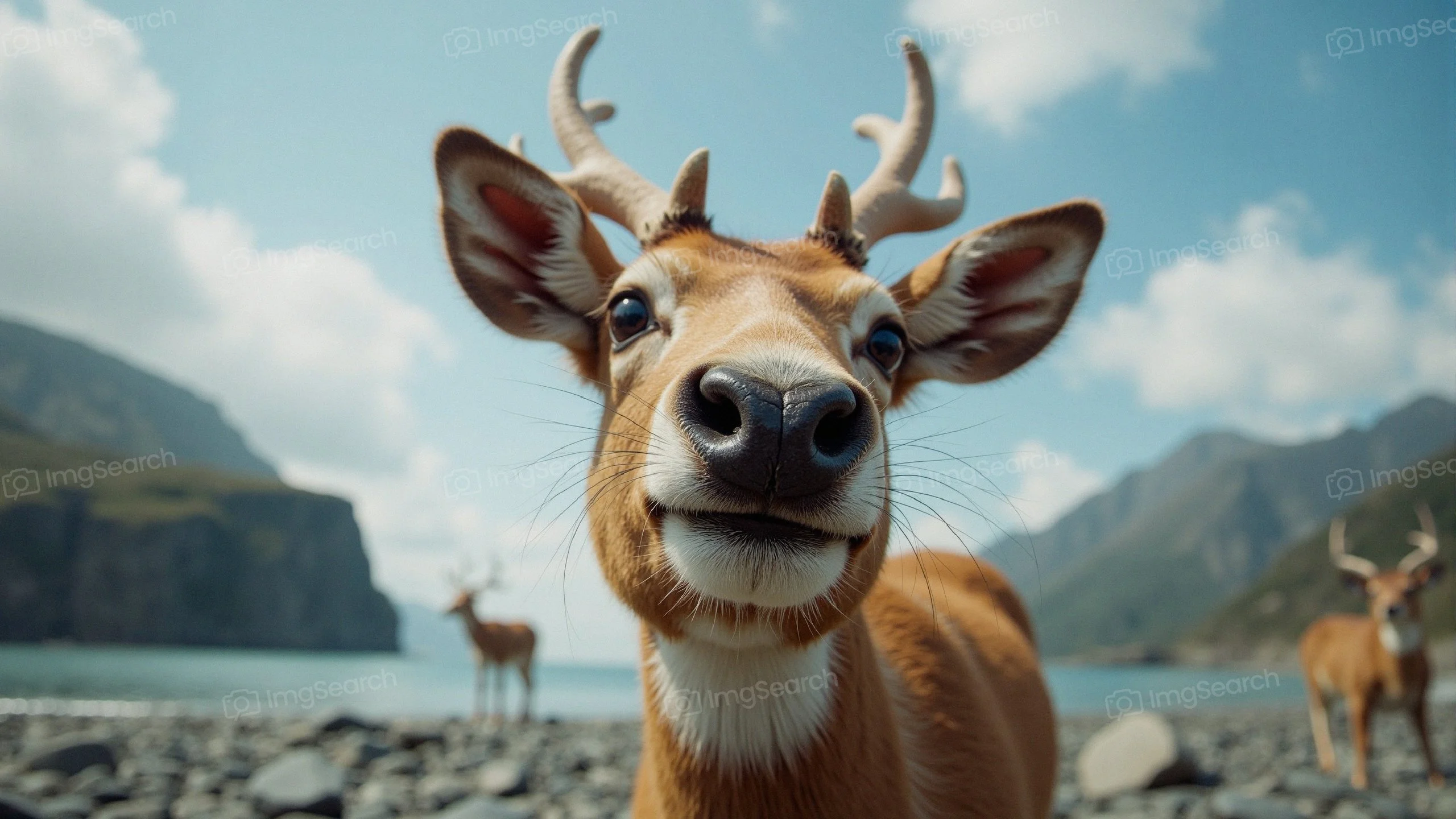Close-up of a curious deer with antlers in a natural mountainous setting