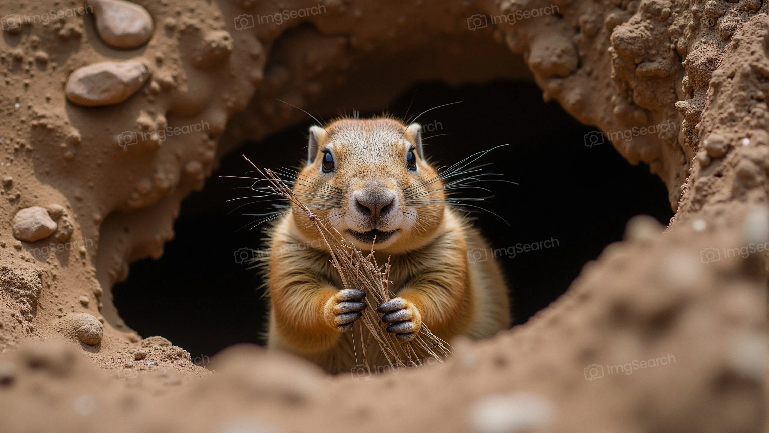 A ground squirrel holding grass near its burrow, looking curious.