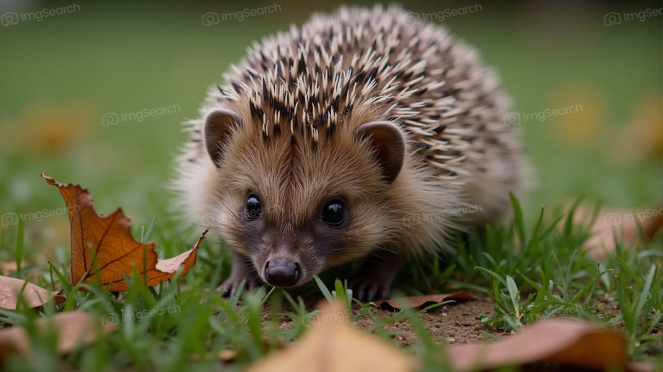 A hedgehog walking on grass with autumn leaves around it