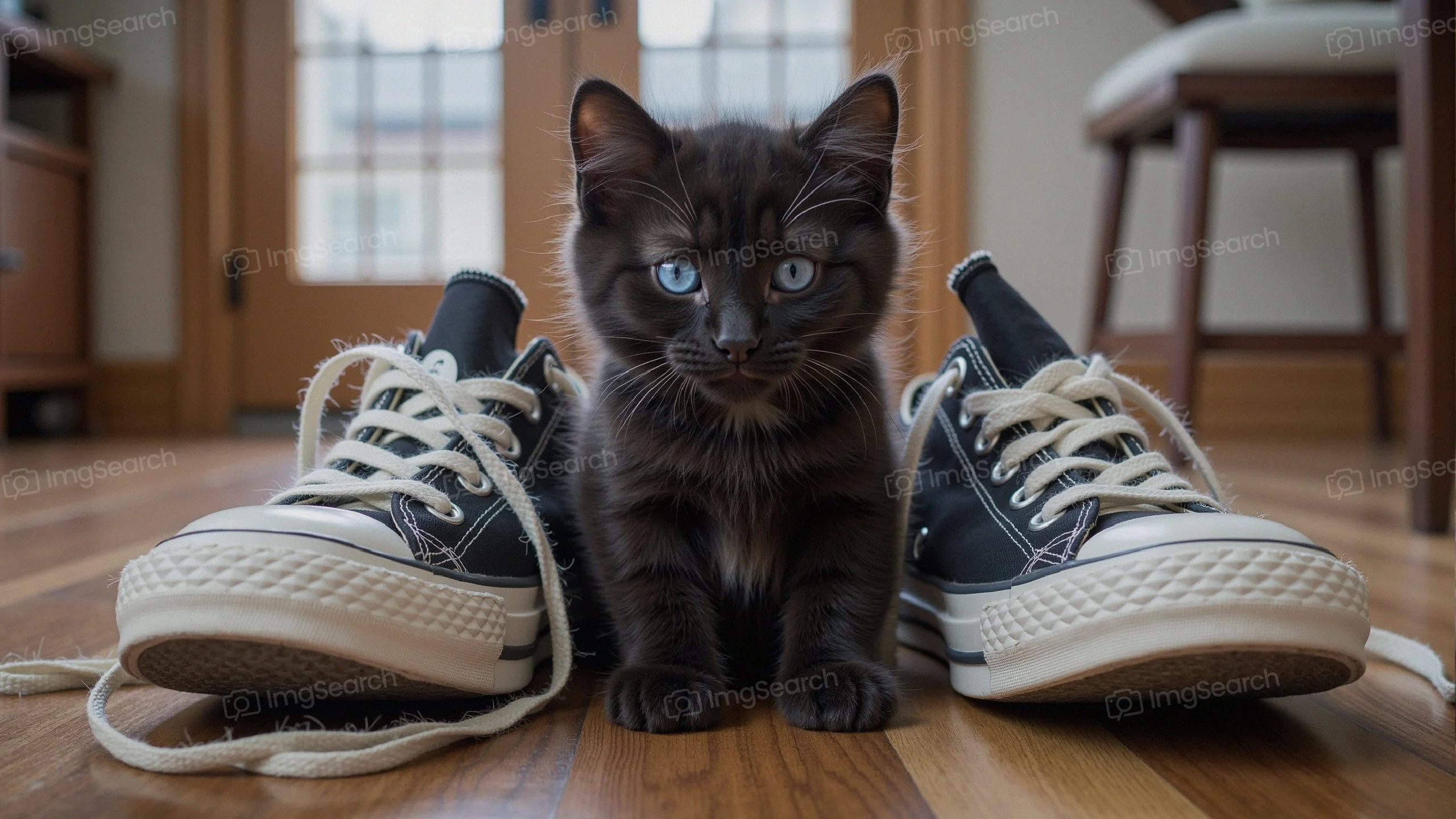 A fluffy black kitten with blue eyes sitting between two black sneakers on a wooden floor.