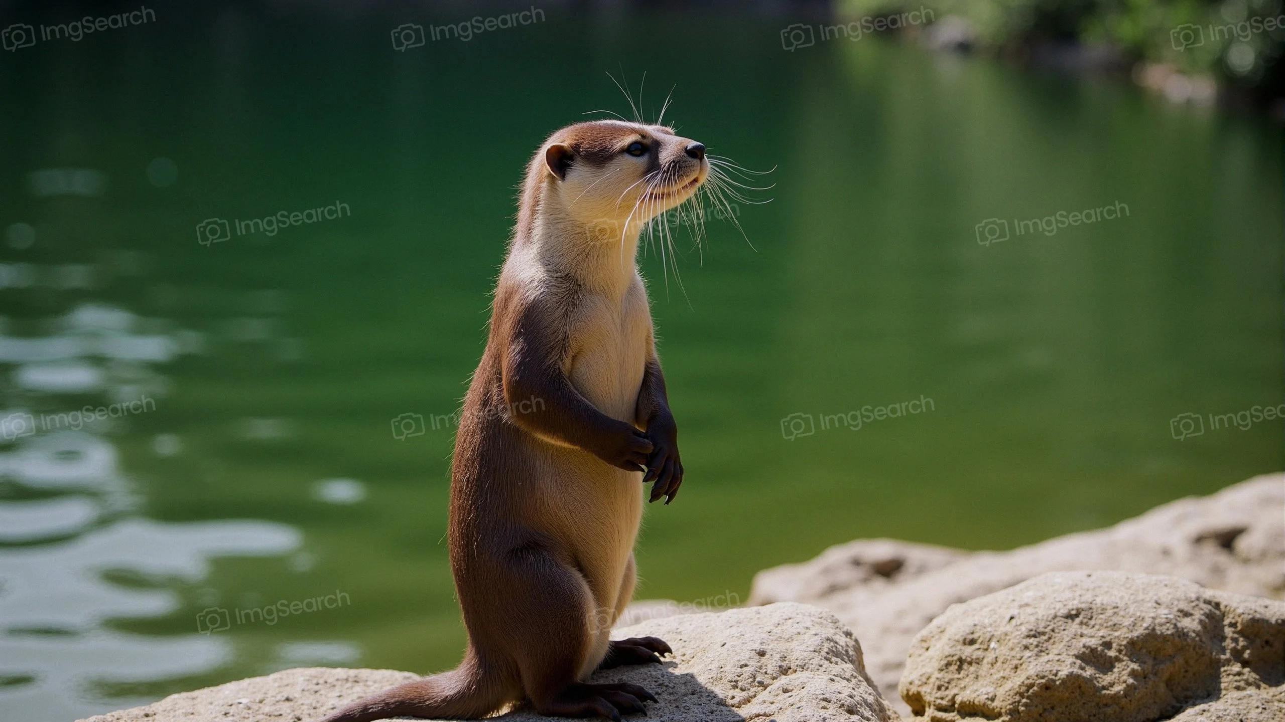 A curious otter standing on the rocks by a green lake.
