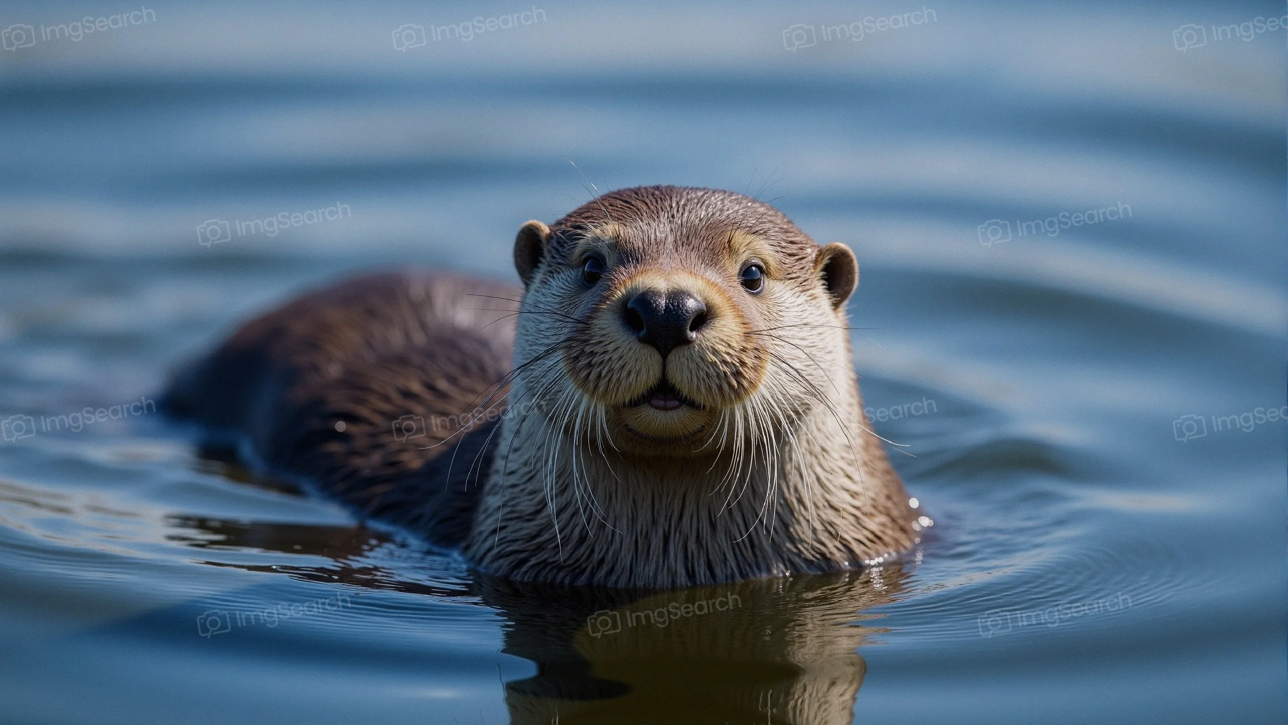A curious otter swimming in clear waters, looking directly at the viewer.