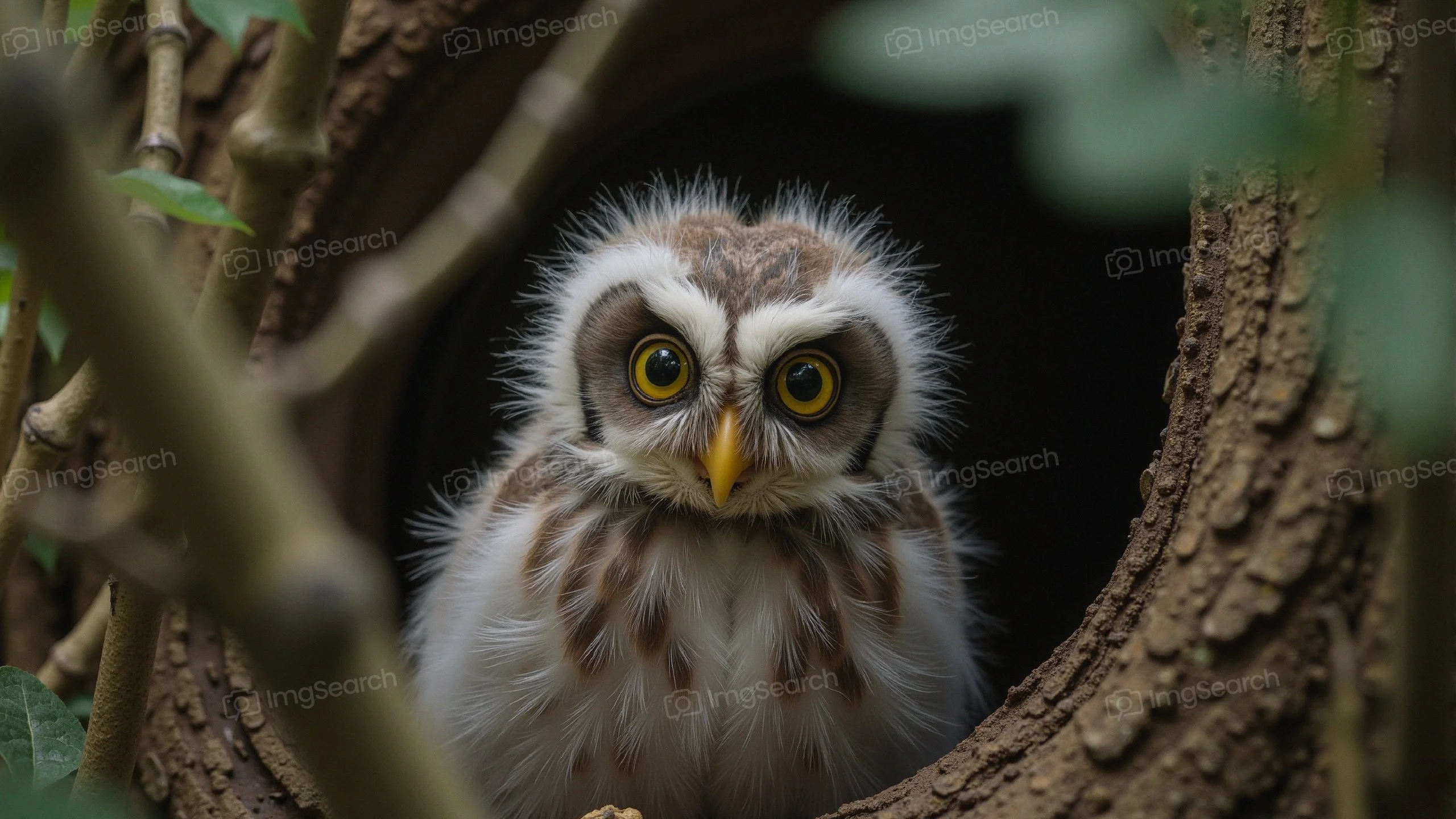 Fluffy owl with large eyes peeking out from a tree hollow