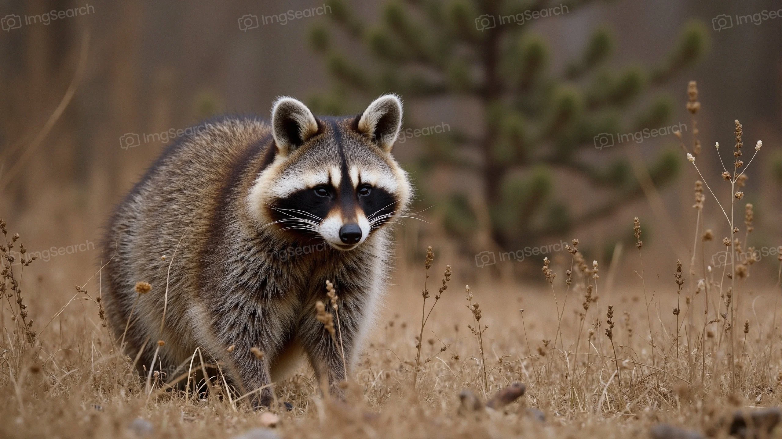 A raccoon standing in a grassy field with a blurred background of trees.