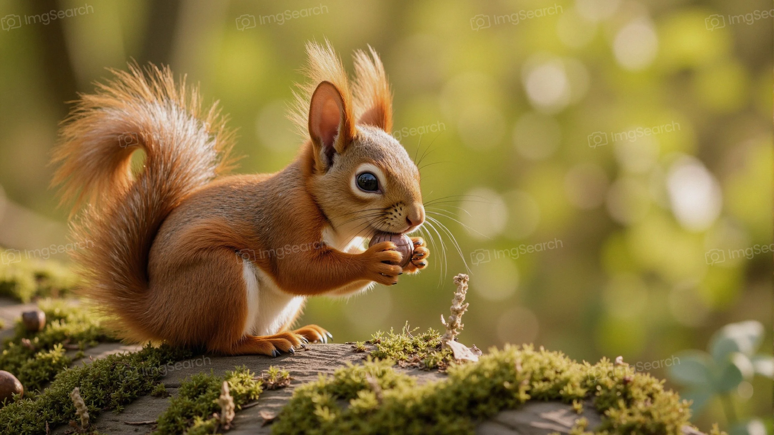 A curious squirrel holding a nut while sitting on a mossy log in a sunlit forest.