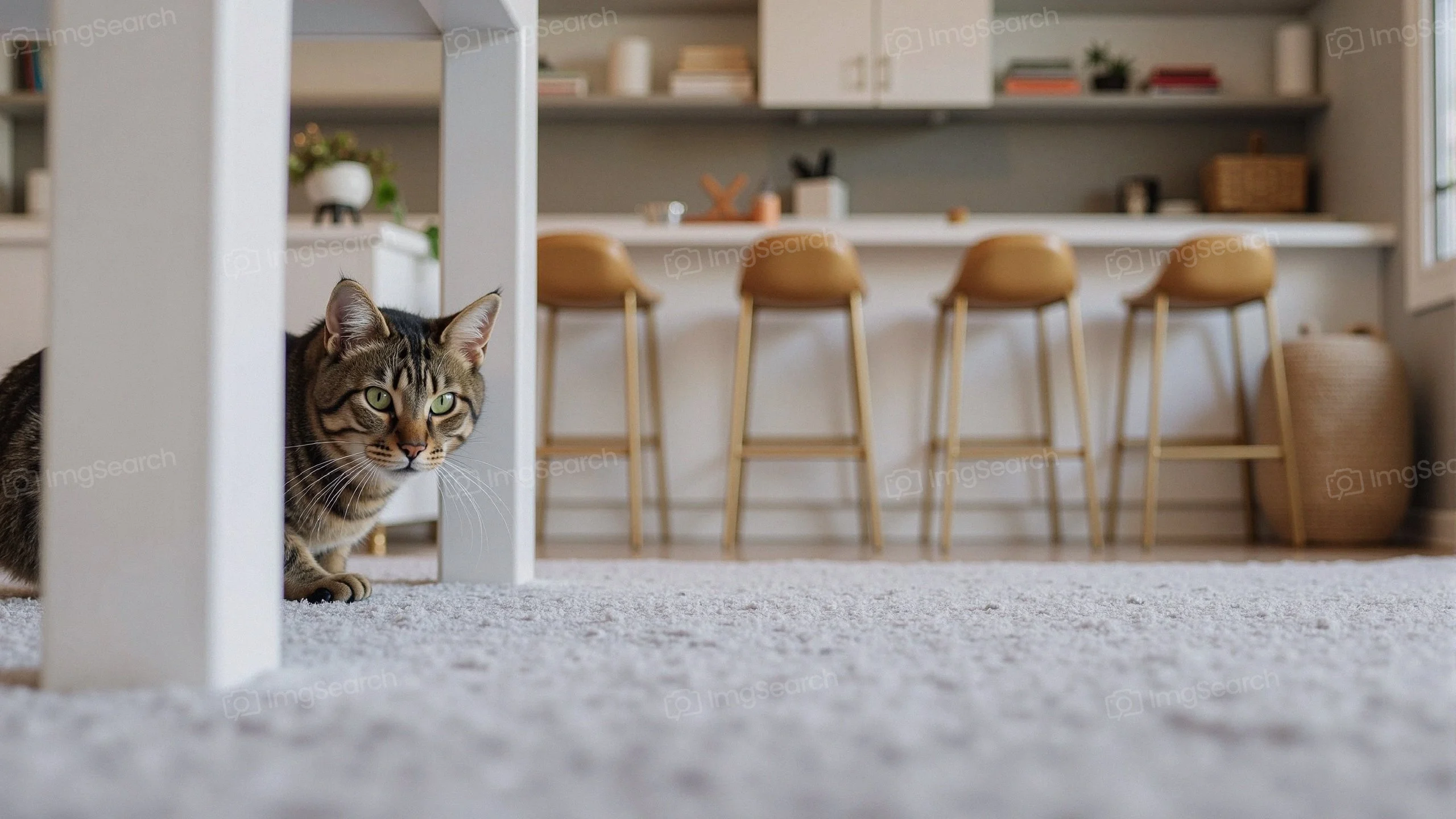 A tabby cat peering from behind a white table in a modern kitchen setting.