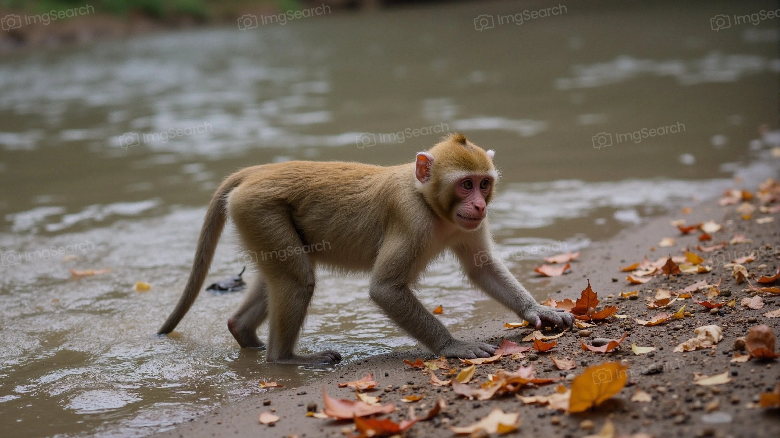 A young monkey walking on the riverbank surrounded by fallen leaves