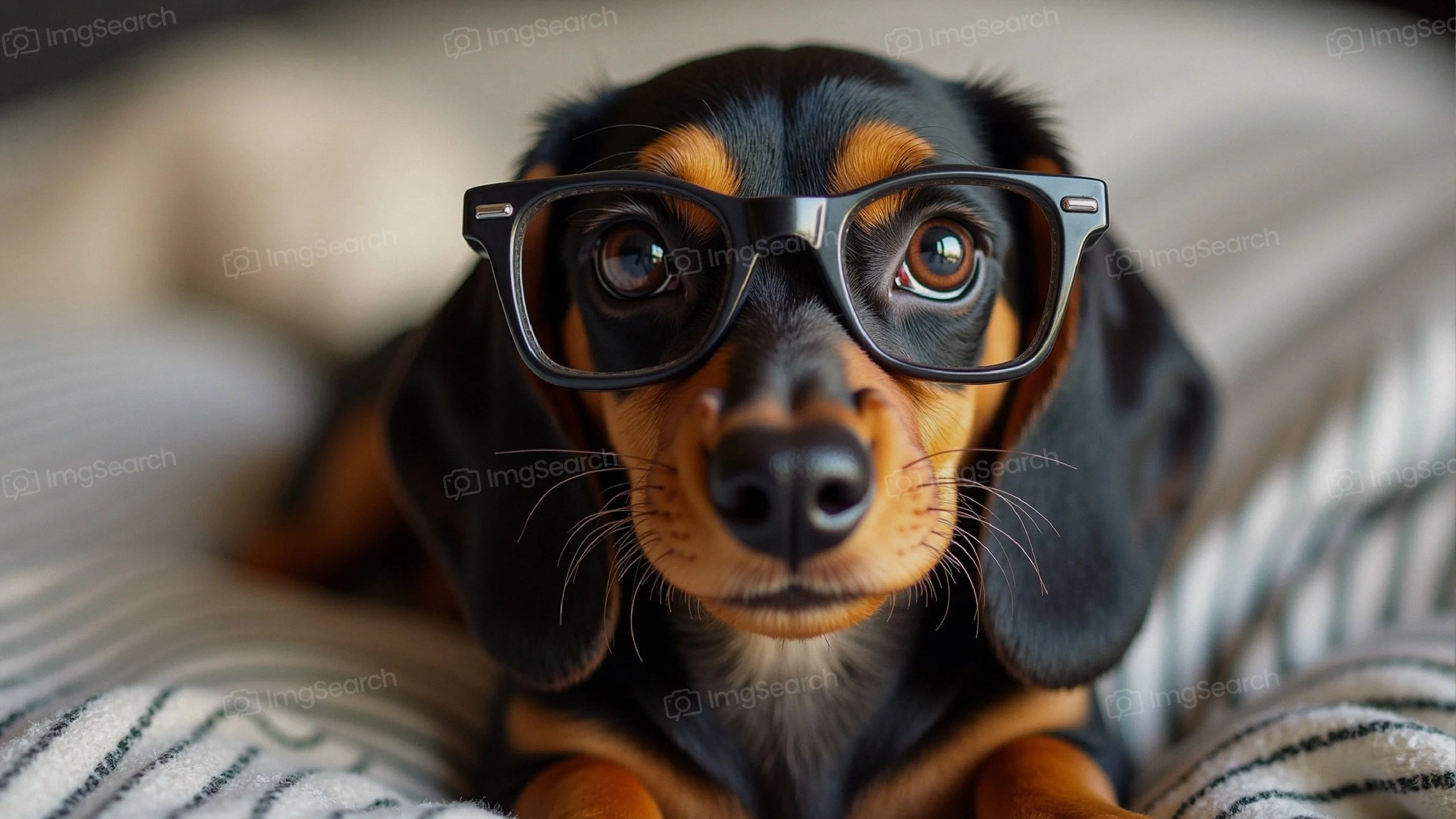 A Dachshund wearing glasses looking at the camera with an adorable expression.