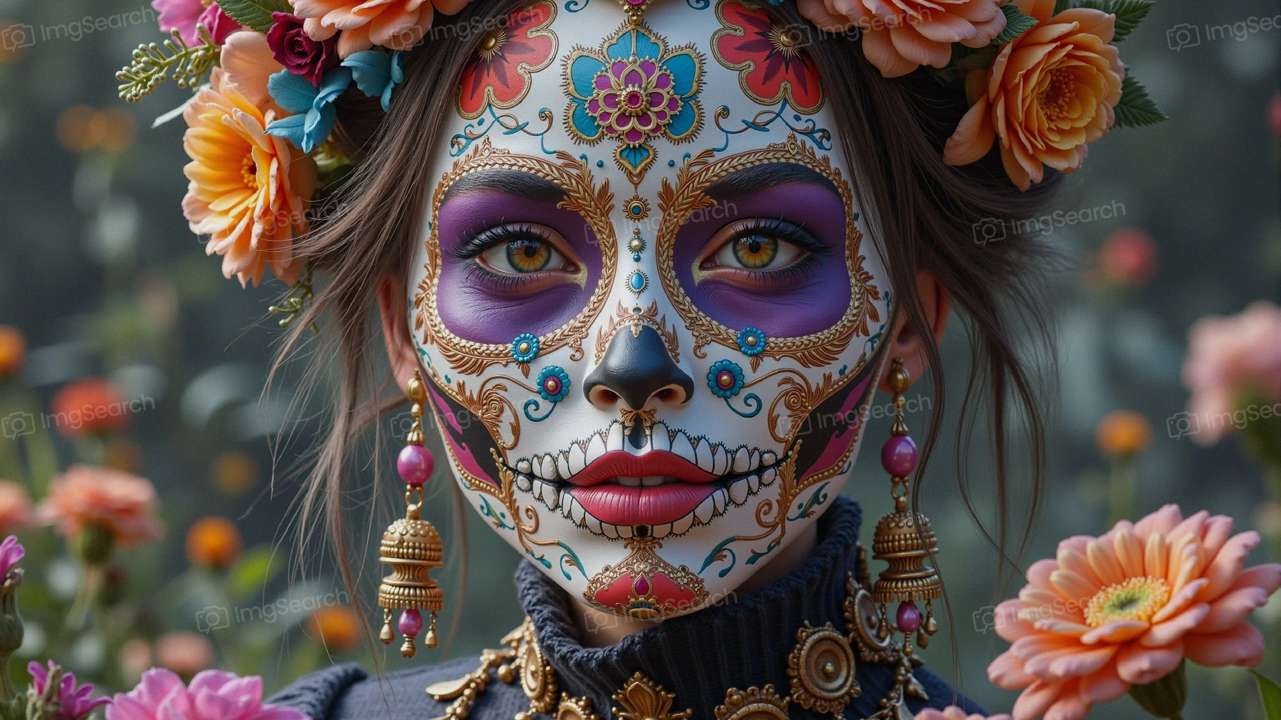 A young woman with elaborate sugar skull face paint a floral crown, embodying the spirit of the Day of the Dead celebration.