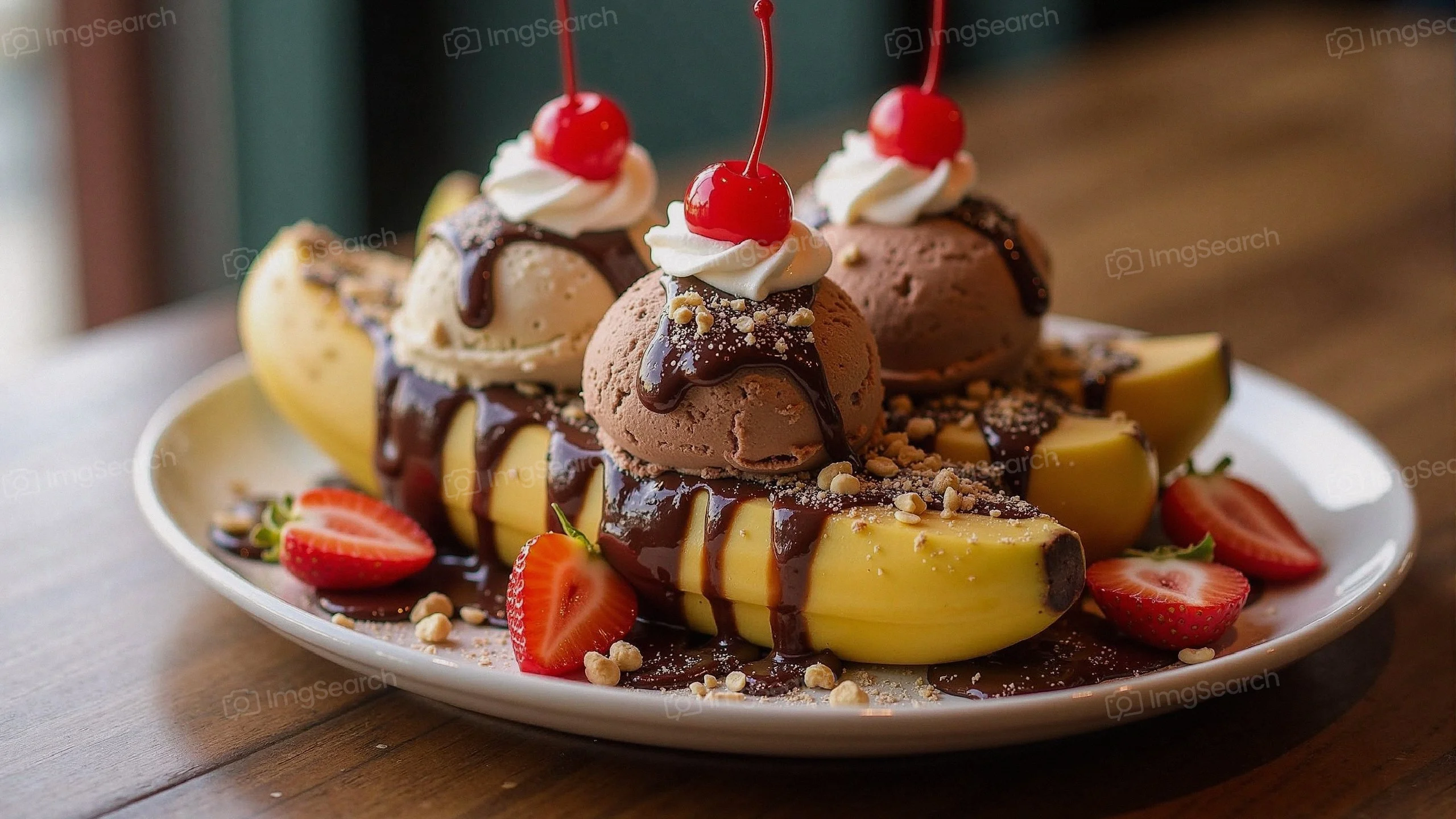 A banana split dessert with ice cream, chocolate sauce, cherries.