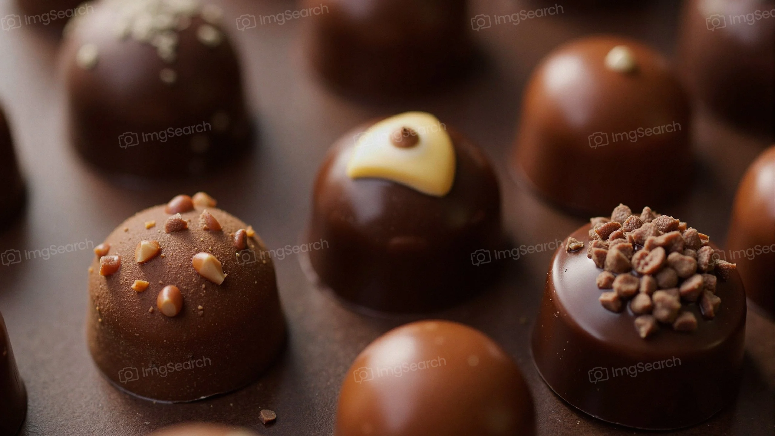 Assorted chocolate truffles with various toppings on a dark surface.