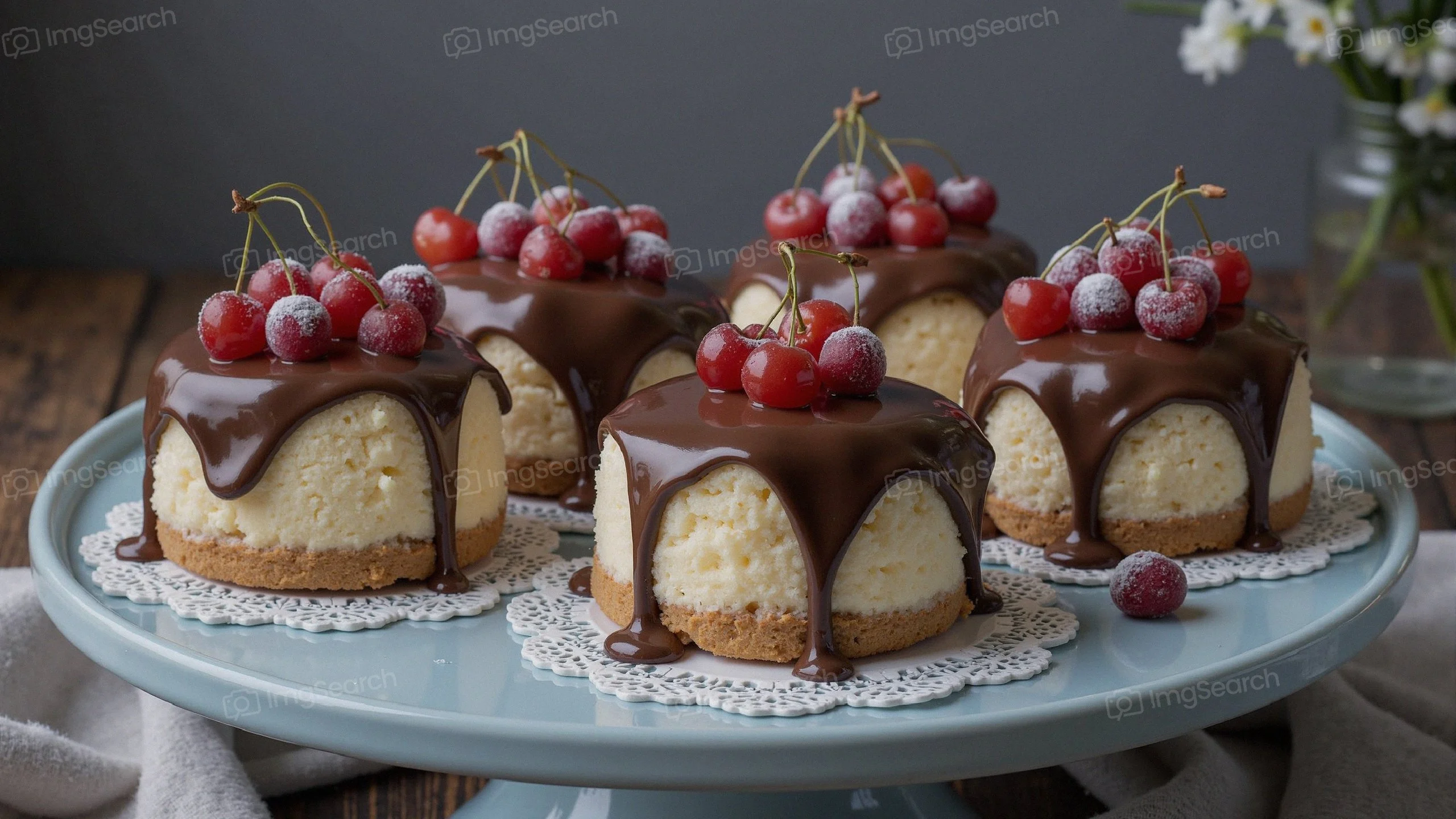 A plate of chocolate-covered cheesecakes topped with red berries.