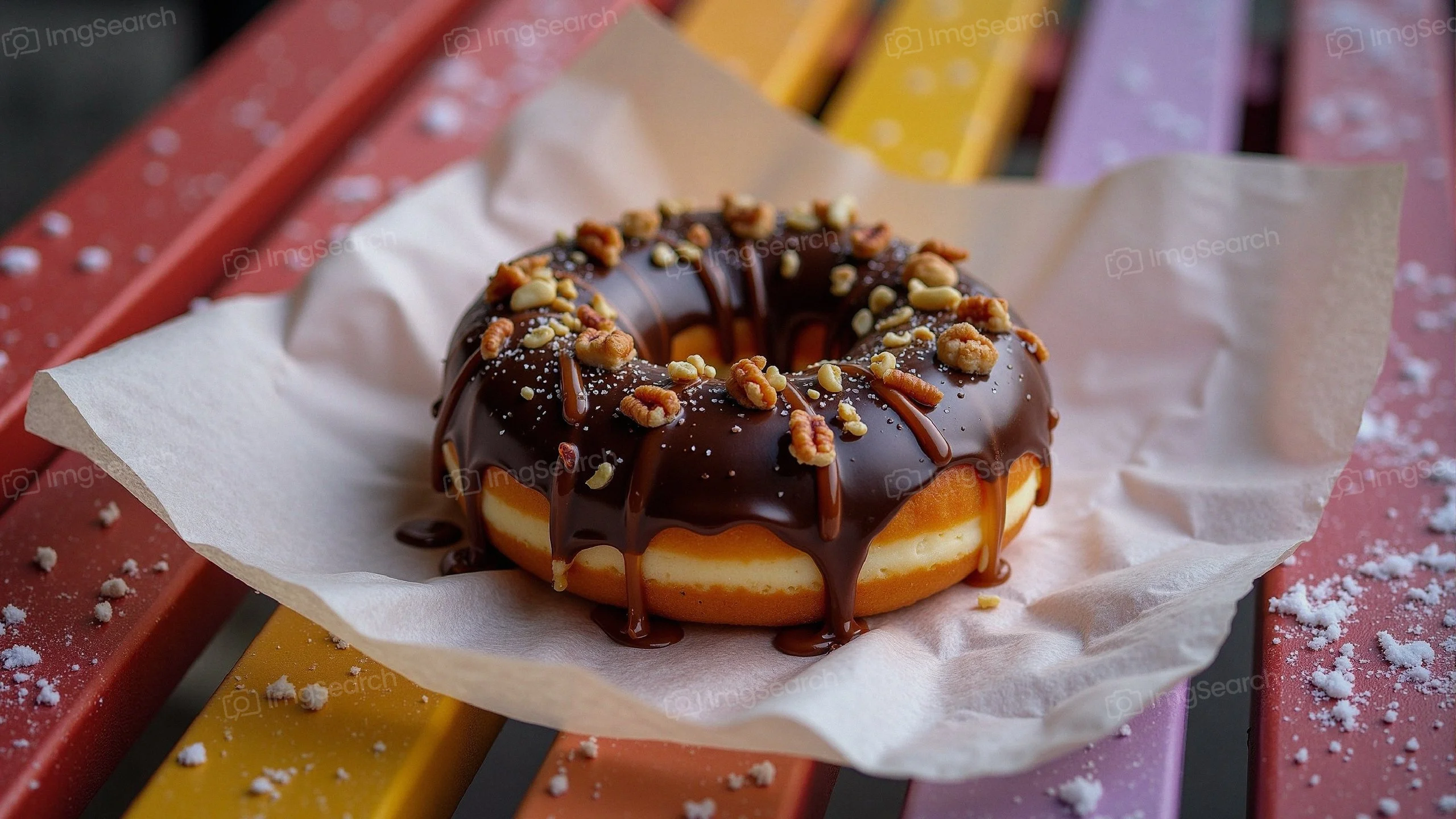 A chocolate-covered donut topped with crushed nuts, placed on parchment paper.