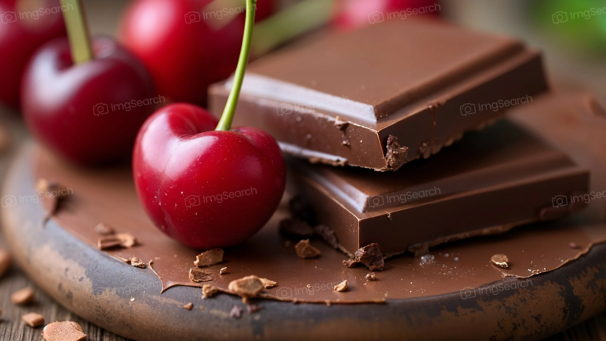 Two pieces of chocolate with fresh cherries on a wooden board