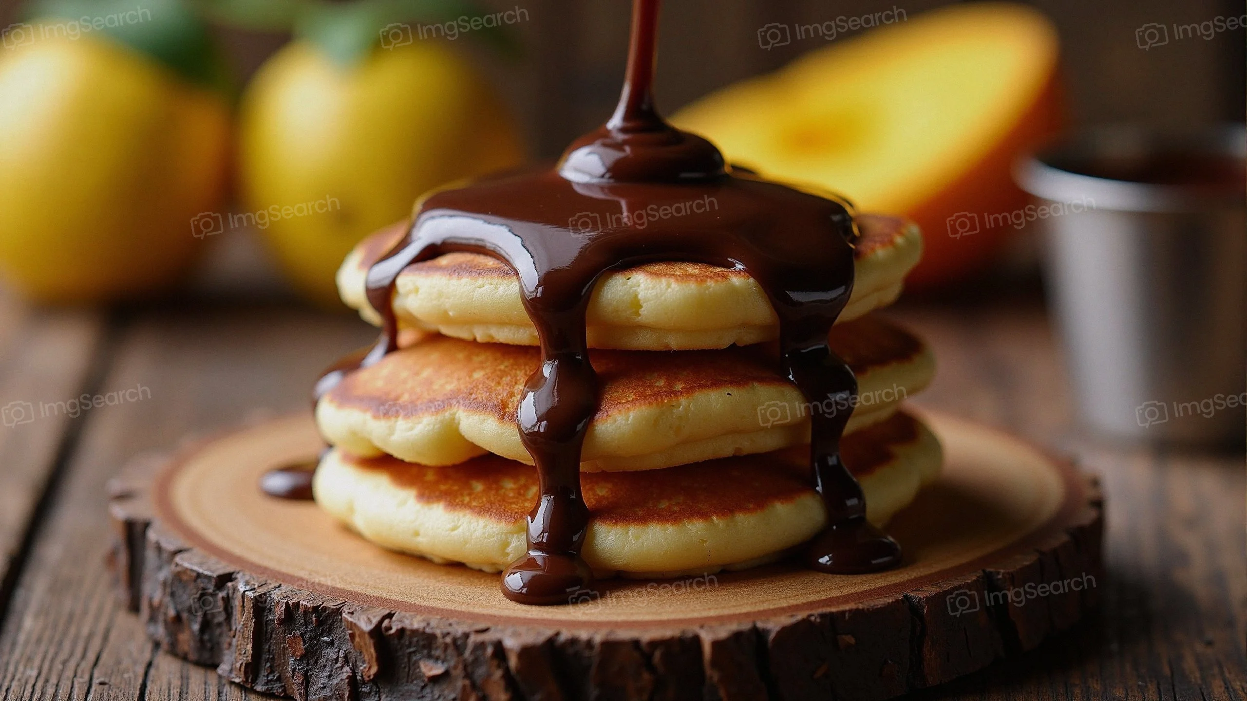 Stack of fluffy pancakes drizzled with chocolate sauce on a wooden plate