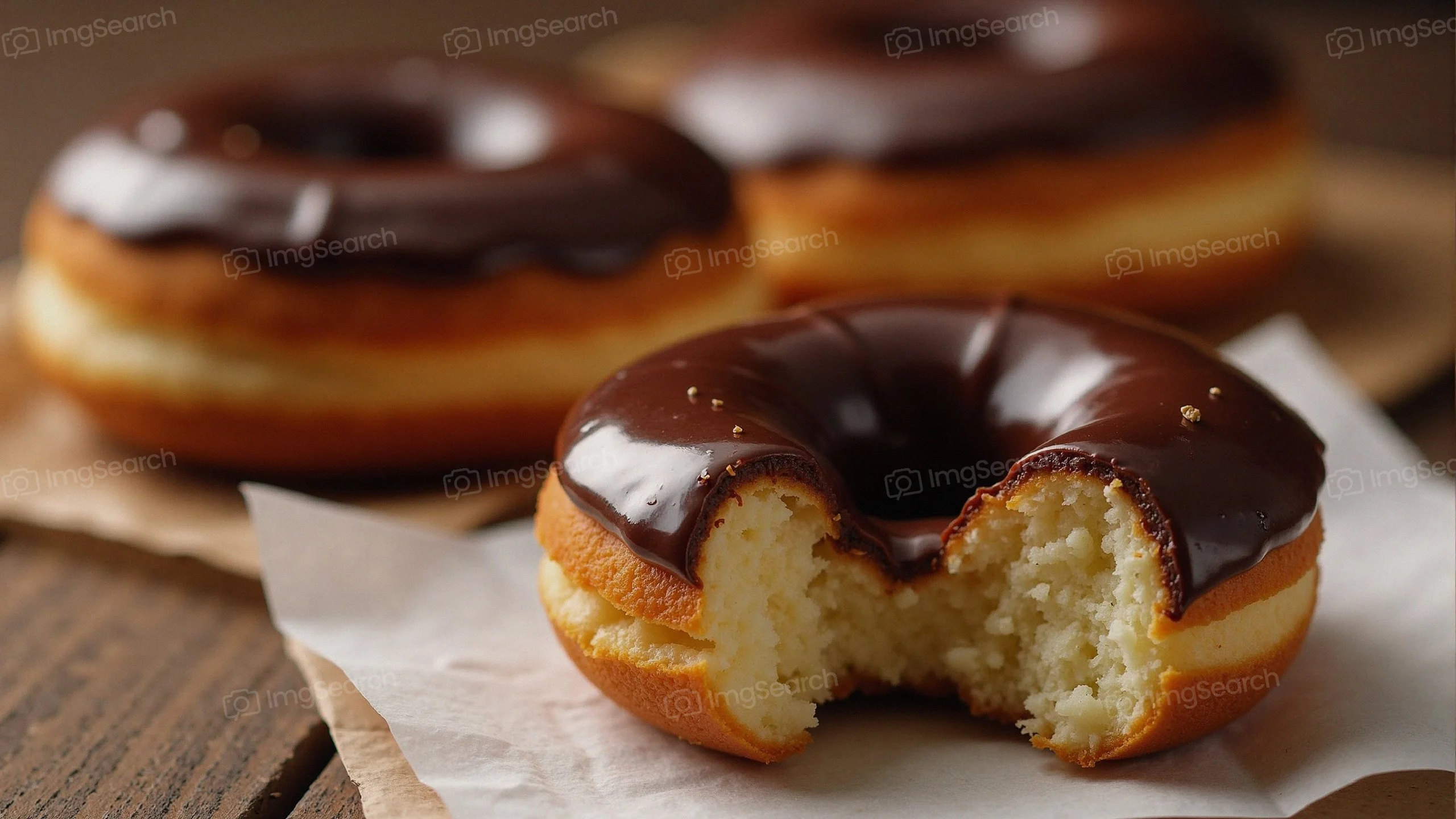 A chocolate-frosted doughnut with a bite taken out, resting on parchment paper