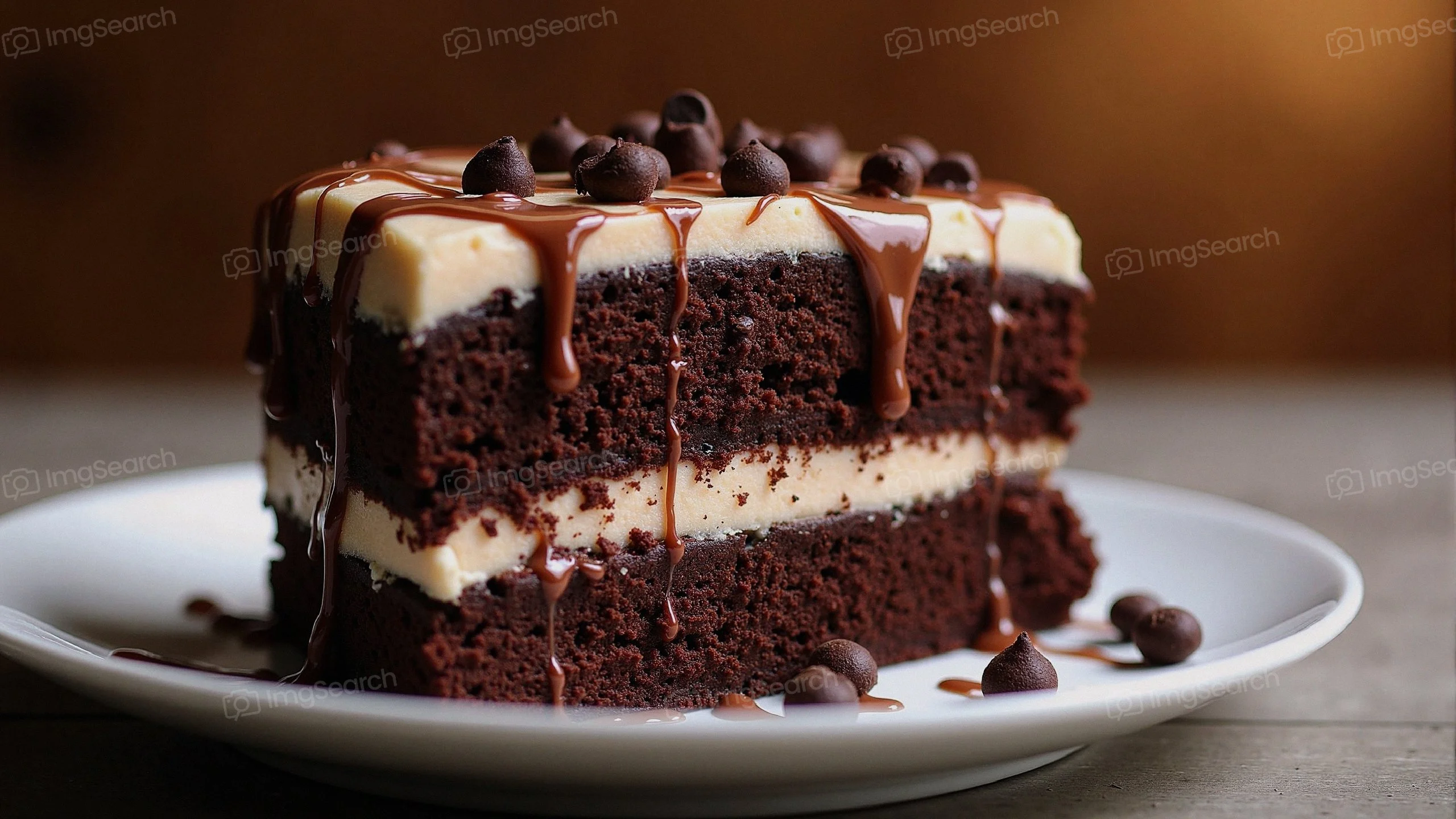 A slice of decadent chocolate layer cake topped with chocolate chips drizzled with chocolate sauce on a white plate.