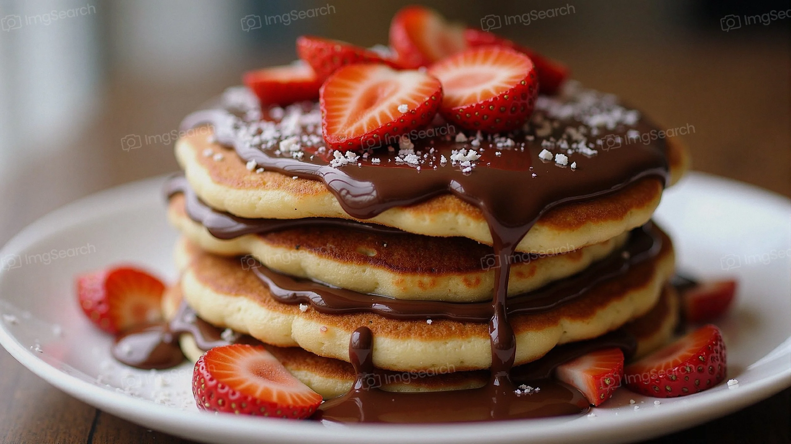 A stack of pancakes topped with chocolate strawberries
