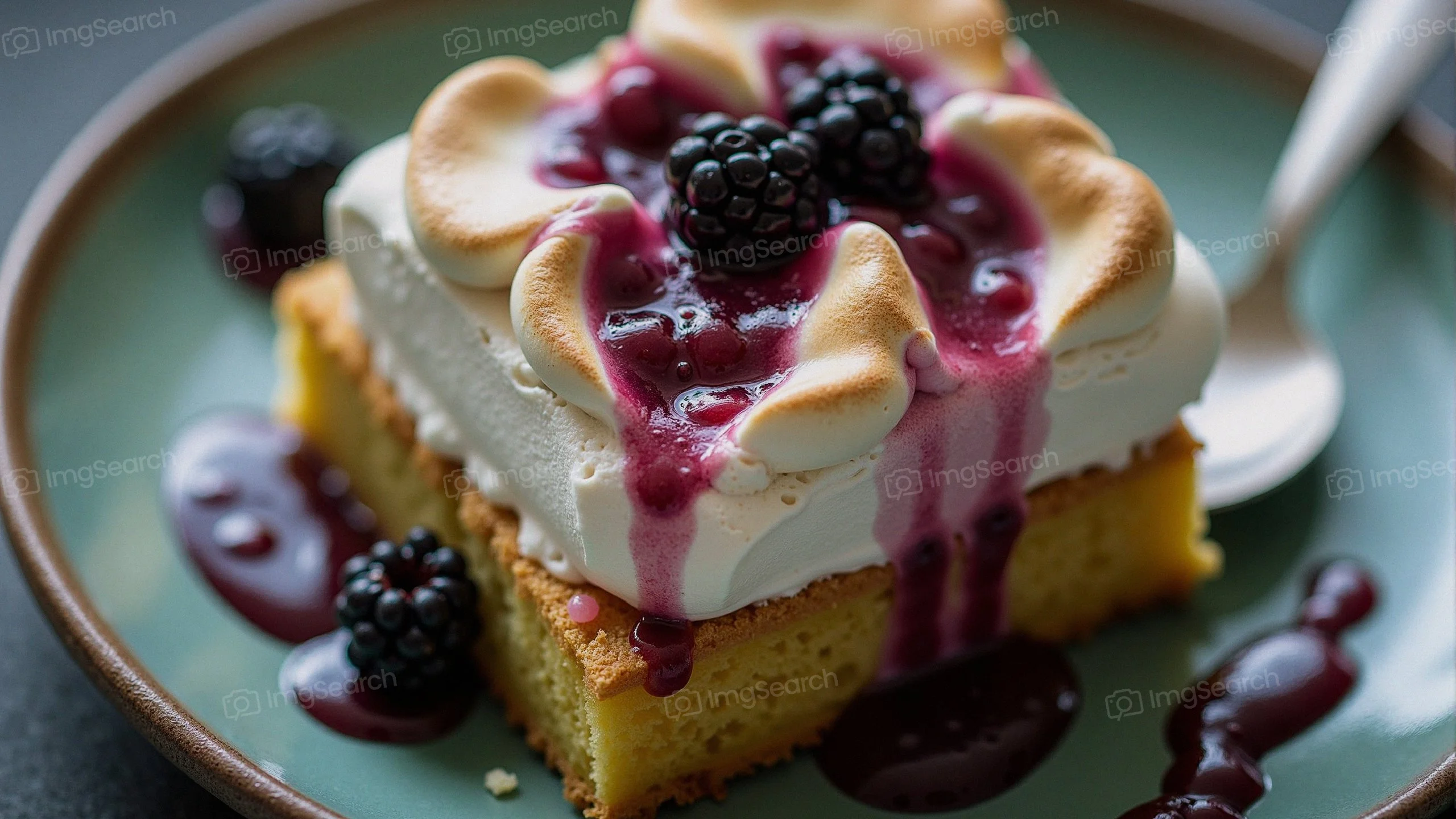 A slice of moist cake topped with whipped cream blackberries in a flavorful sauce on a plate.