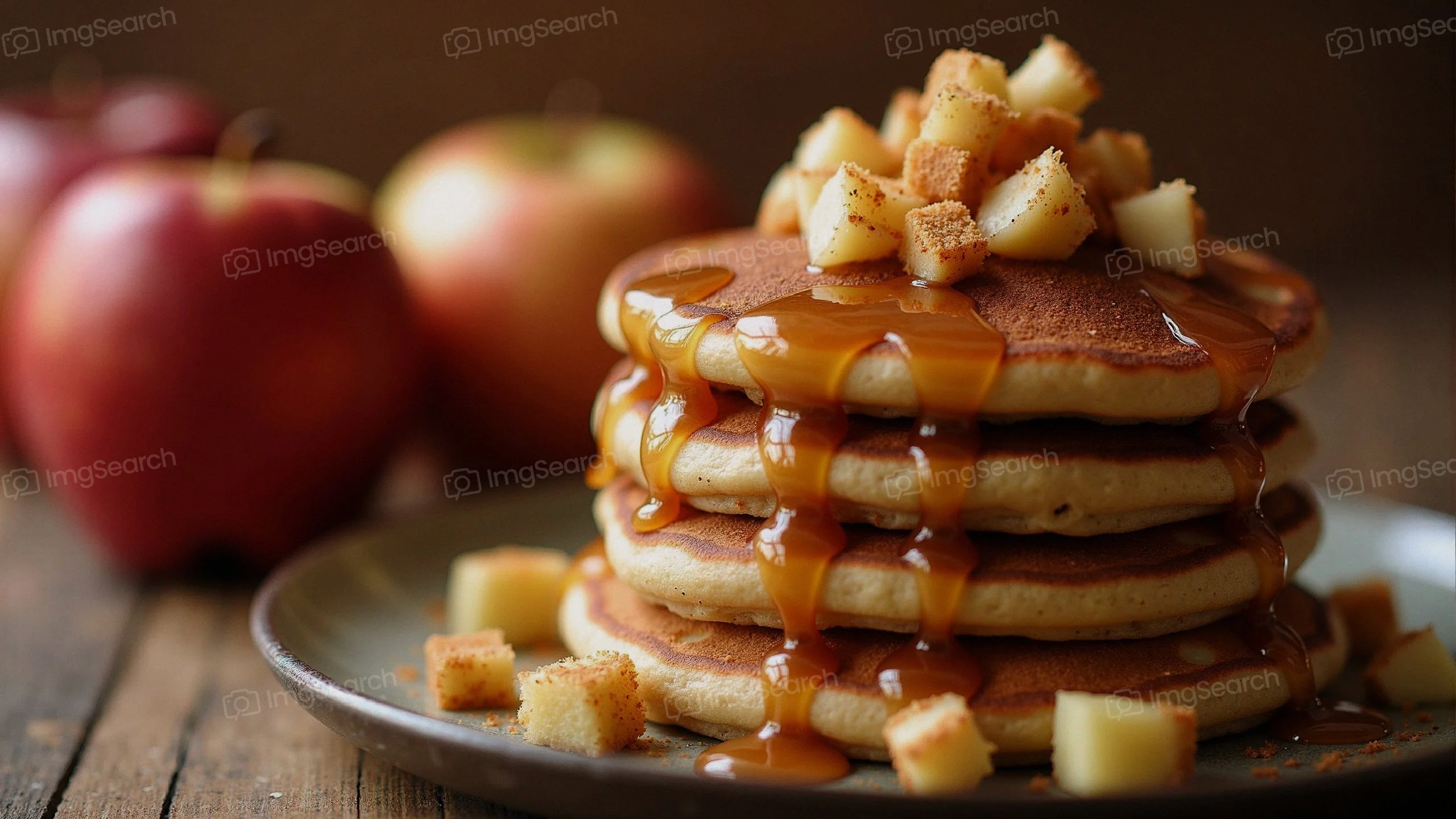 Stack of fluffy pancakes topped with diced apples caramel sauce