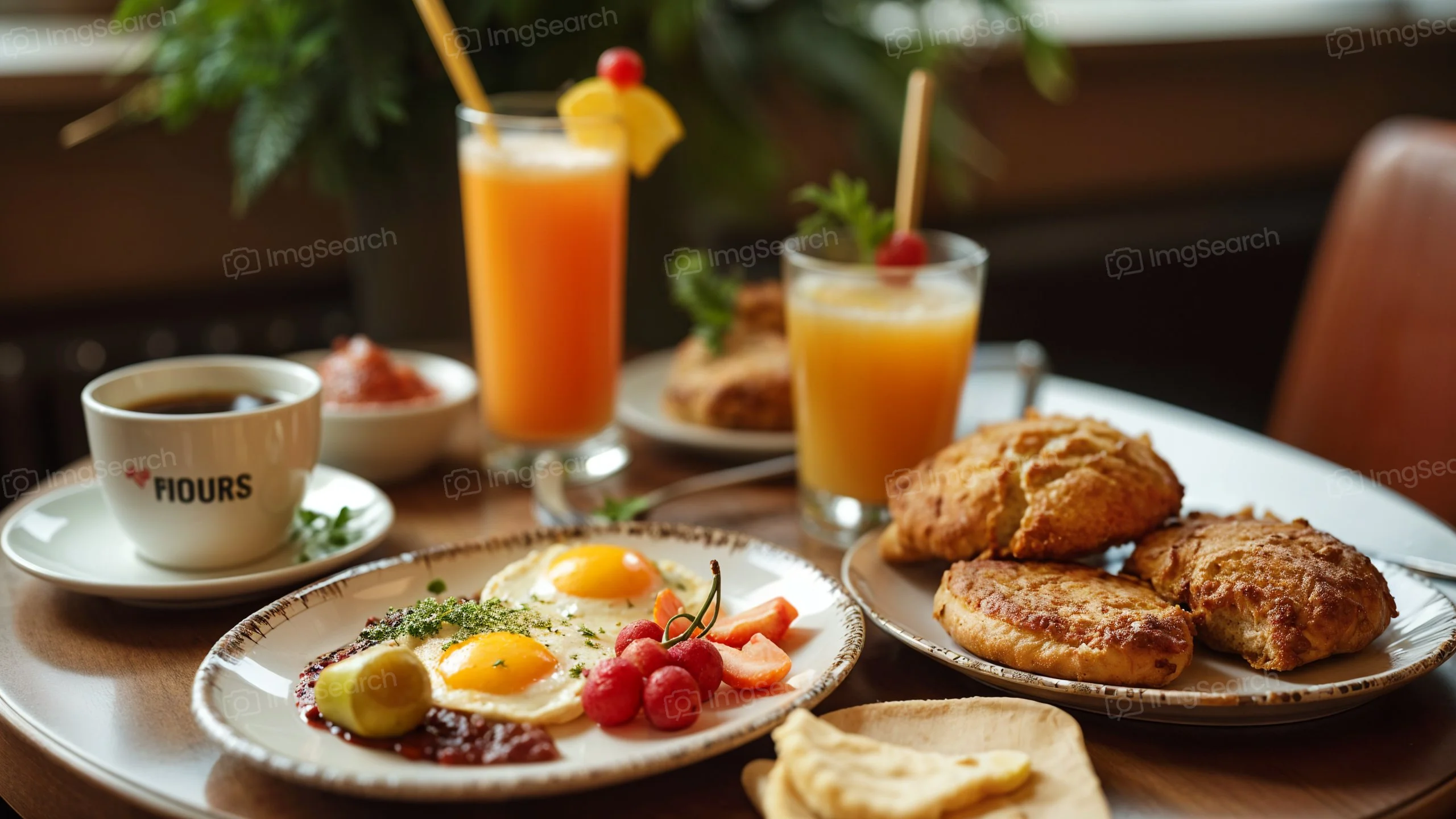 A breakfast table with sunny-side-up eggs, fresh fruits, pastries, and two glasses of juice.
