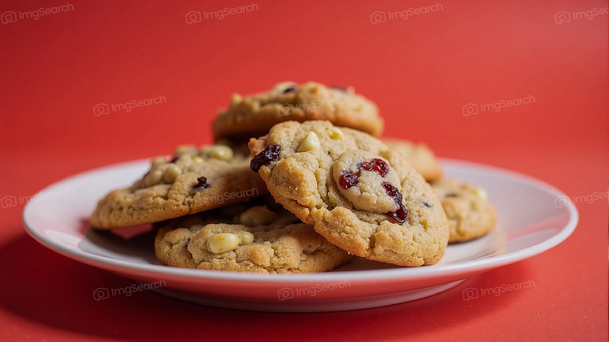 A plate of cranberry cookies stacked with a red background