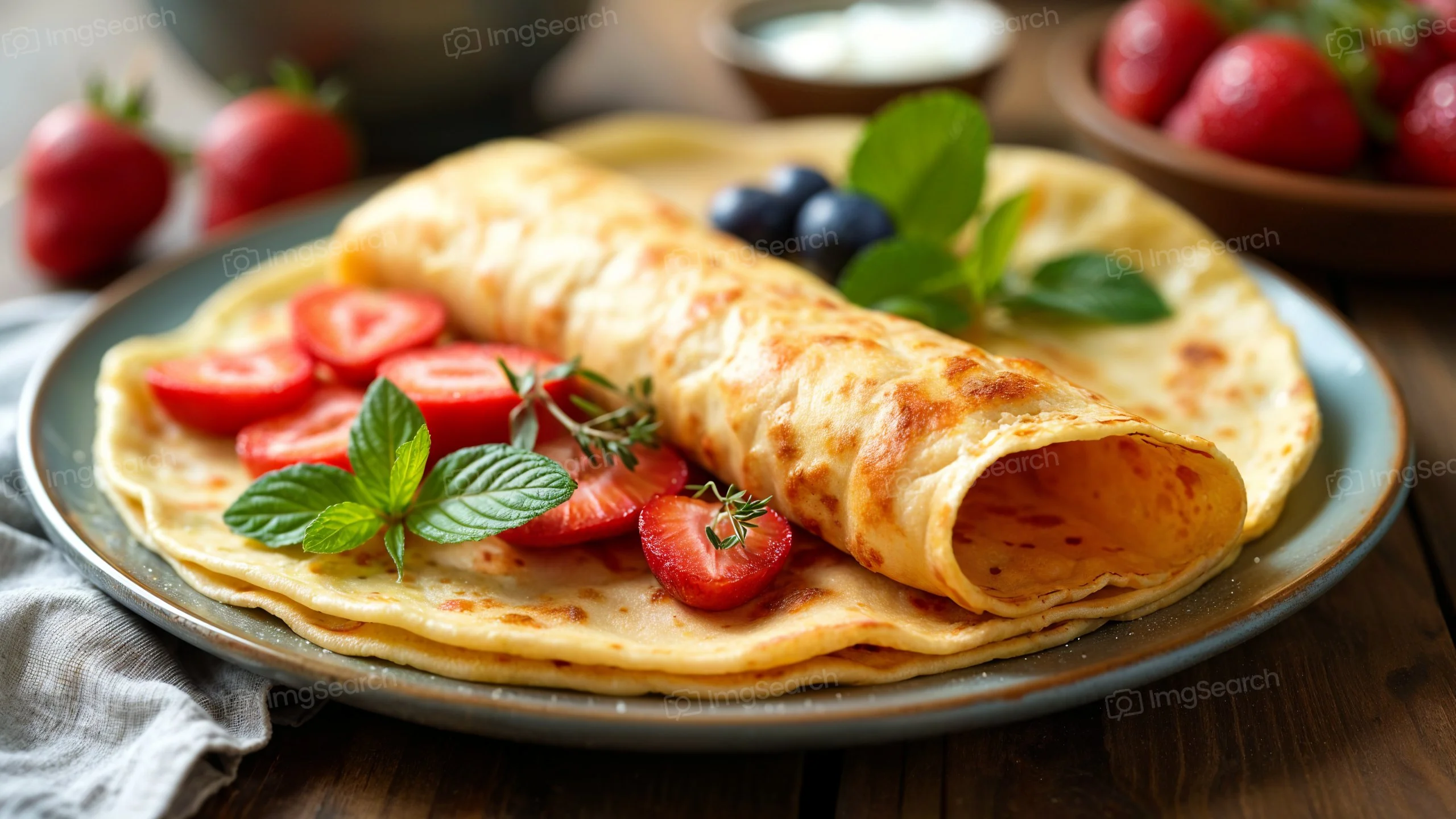A crepe filled with strawberries and blueberries, garnished with mint leaves on a plate