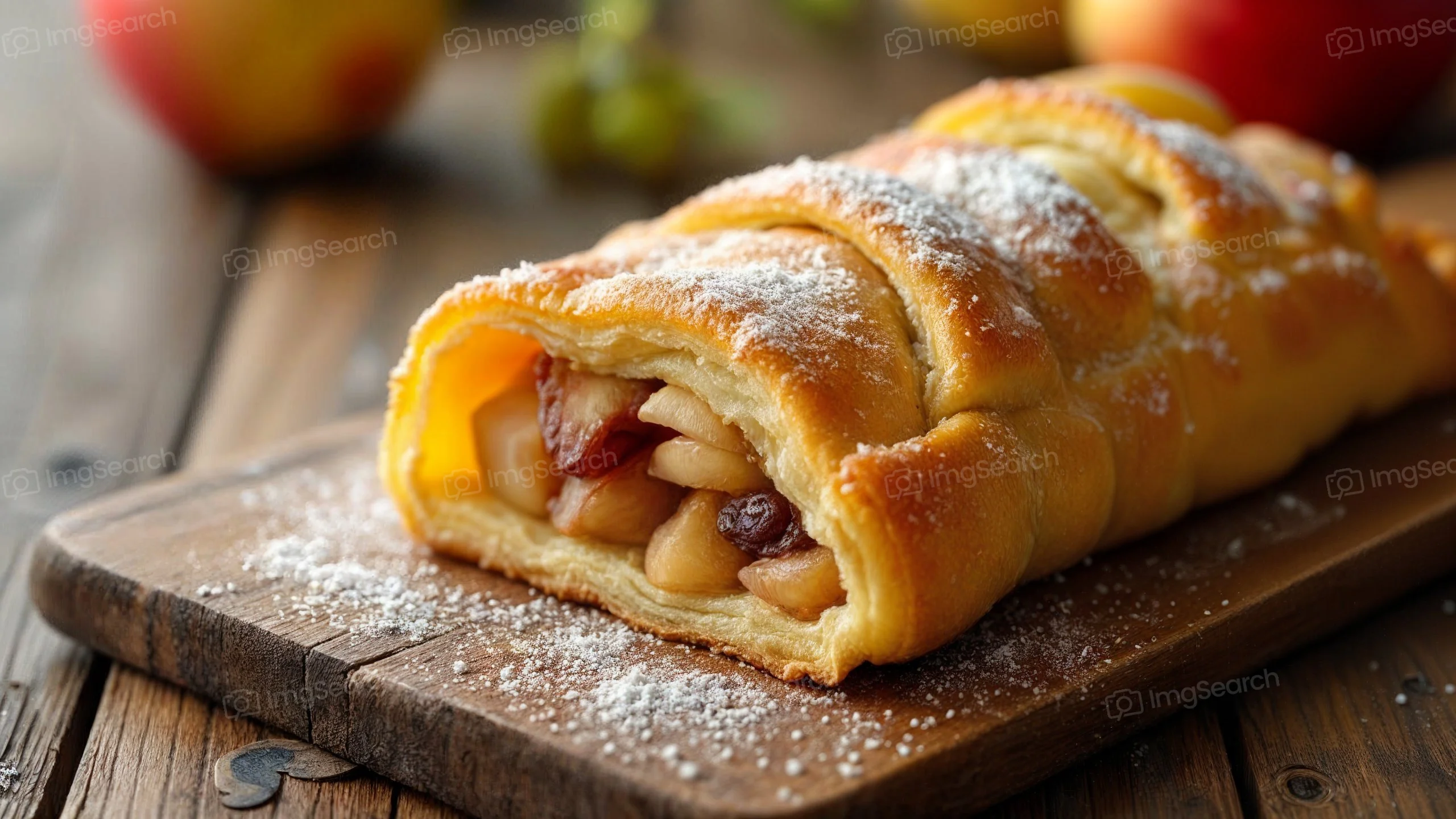 Homemade apple strudel with powdered sugar on a wooden cutting board