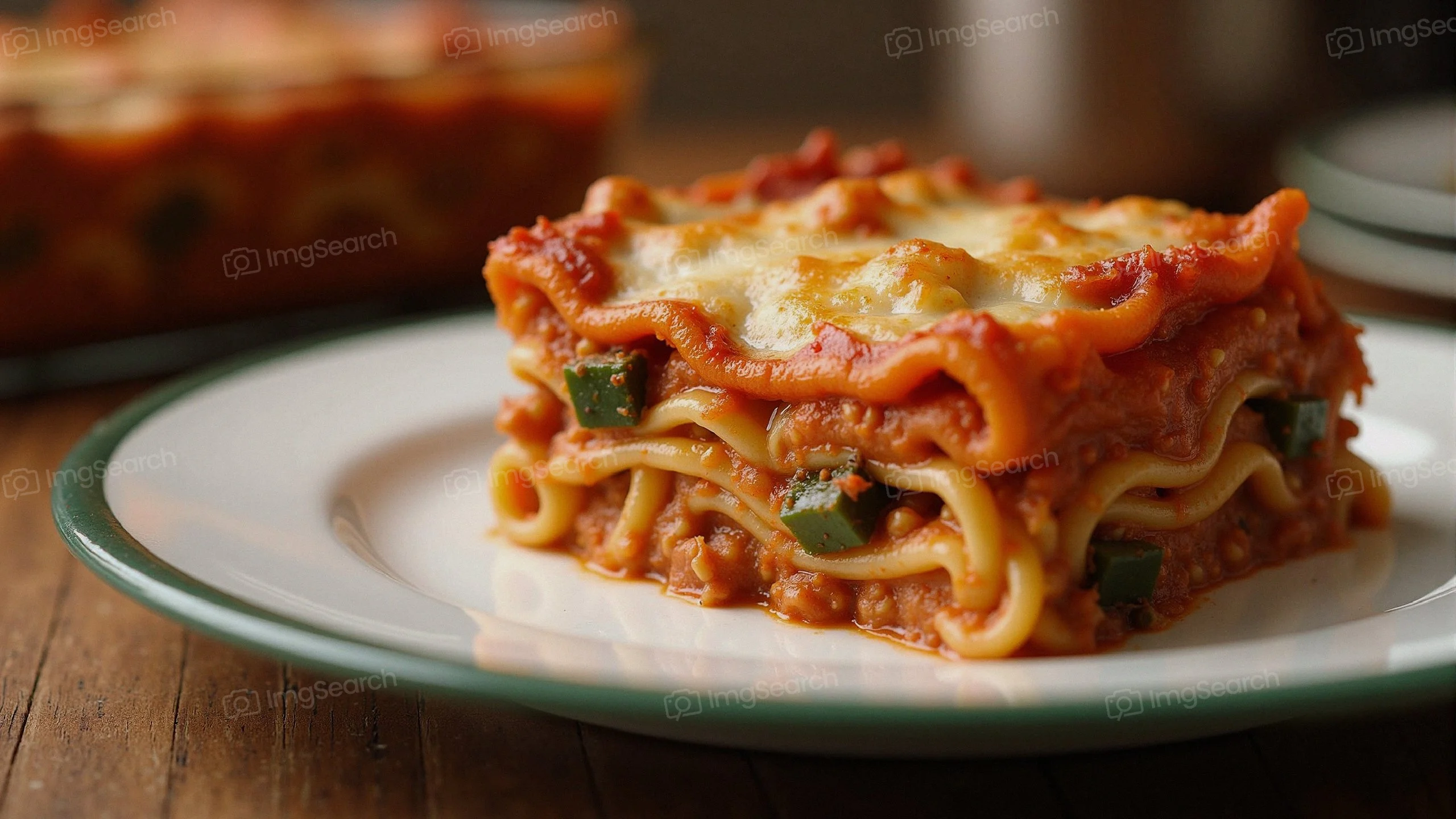 A slice of lasagna on a plate with cheese and vegetables